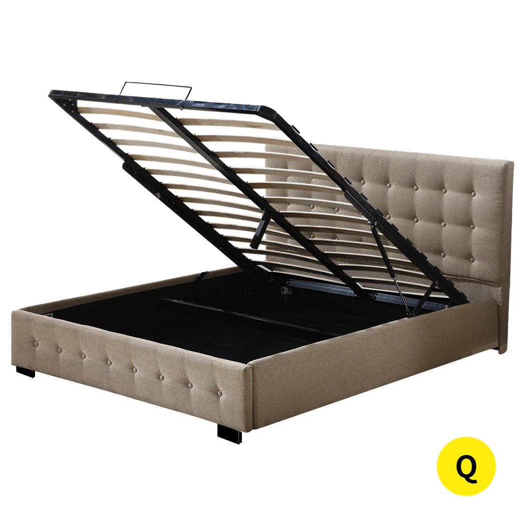 Queen Size Gas Lift Storage Bed Frame with Hydraulic Mechanism - Beige Upholstered Platform Bed for Spacious Bedroom Organization