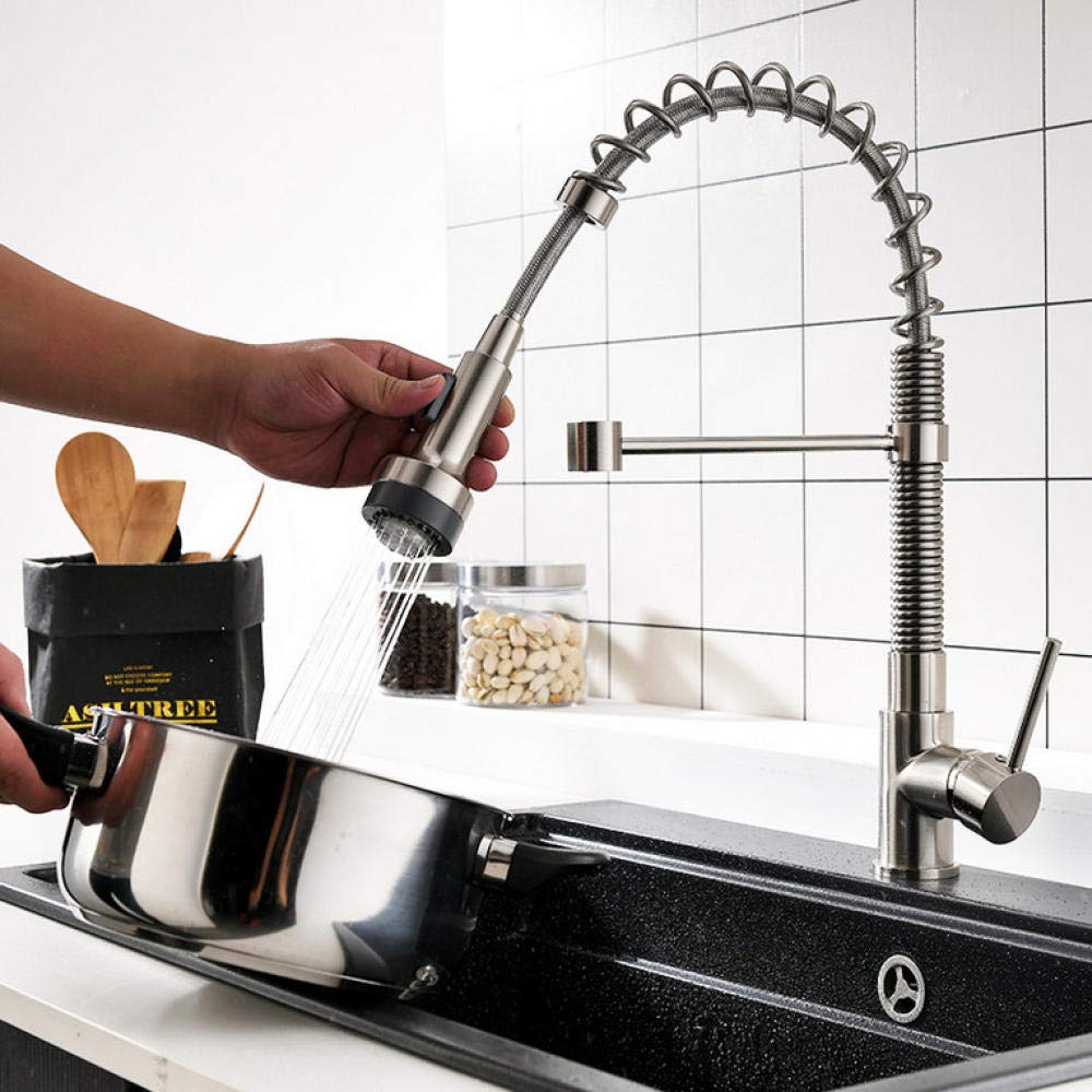 Led Spring Style Brushed Nickel Pull Down Kitchen Faucet with Brass Swivel Tap for Hot and Cold Water Mixer, Ideal for Modern Home Kitchens and Sink Upgrades