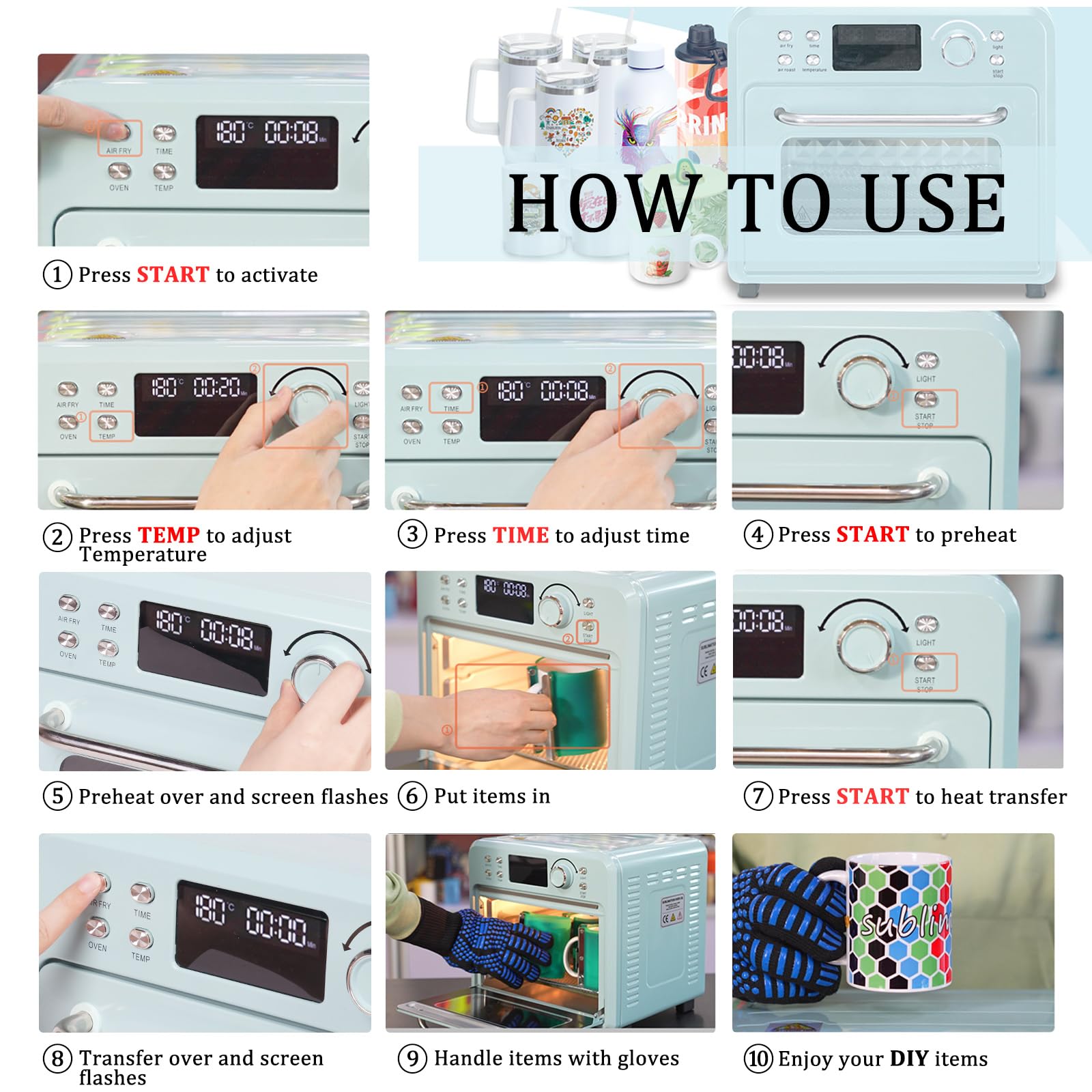 **16L 110V 1400W Sublimation Oven with Digital Display – Convection Heat for T-Shirts, Tumblers, Mugs & Water Bottles – Perfect for DIY Craft & Bulk Sublimation Transfer (Morandi Blue, Includes Glove)**    *(Use Cases: Ideal for small businesses, crafters, and hobbyists creating custom sublimation designs on apparel, drinkware, and promotional items.)*