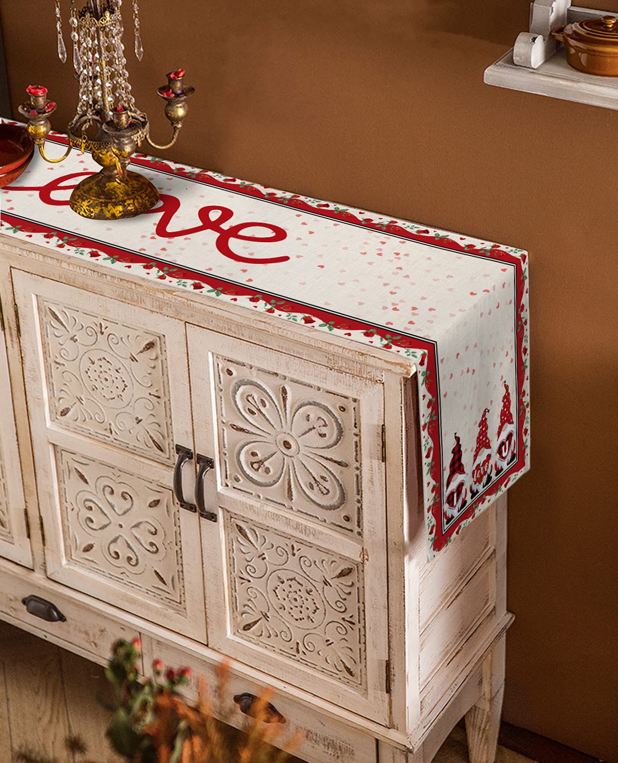 72 Inch Long Linen Table Runner with Valentine's Day Gnome & Heart Design - Elegant Kitchen & Dining Table Decor for Parties, Weddings, Home Decor (13x72 Inches) - Perfect for Romantic Dinners, Holiday Celebrations & Special Occasions