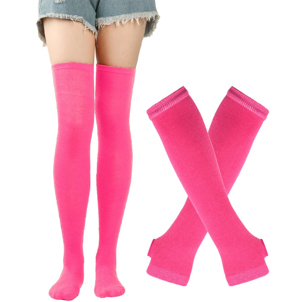Benefeet Women's Striped Thigh High Socks & Arm Warmers Set with Fingerless Gloves - Over Knee High Stockings for Halloween, Cosplay, and Winter Fashion