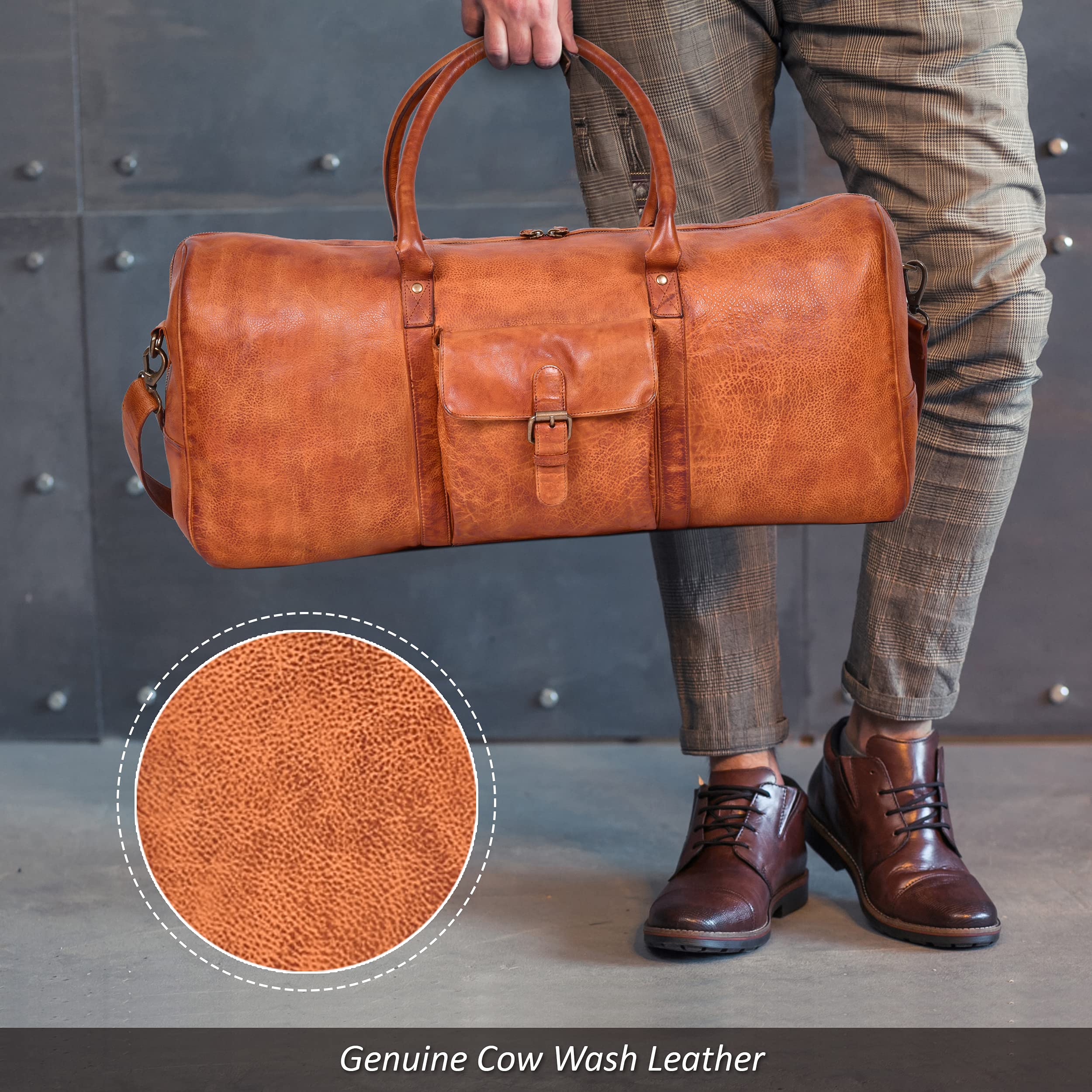Genuine Leather Weekender Bag for Women & Men - Oversized Travel Duffel Carry On Overnight Bag - Perfect for Gym, Business Trips & Weekend Getaways (Tan Wash)