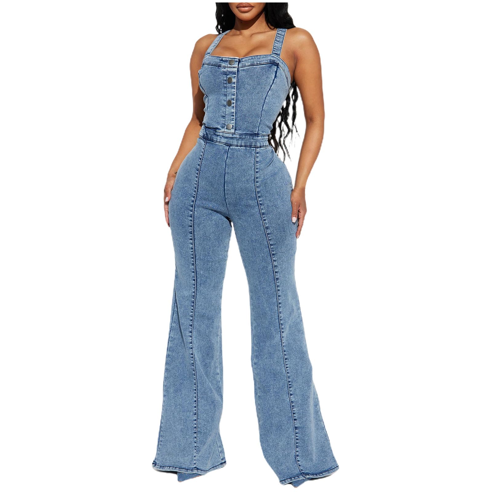 BTDECLAR Women's Denim Jumpsuit - Summer Casual Spaghetti Strap Romper with Zipper Back & Wide Leg Bell Bottoms | Skinny Jeans Overalls for Beach, Party & Everyday Wear