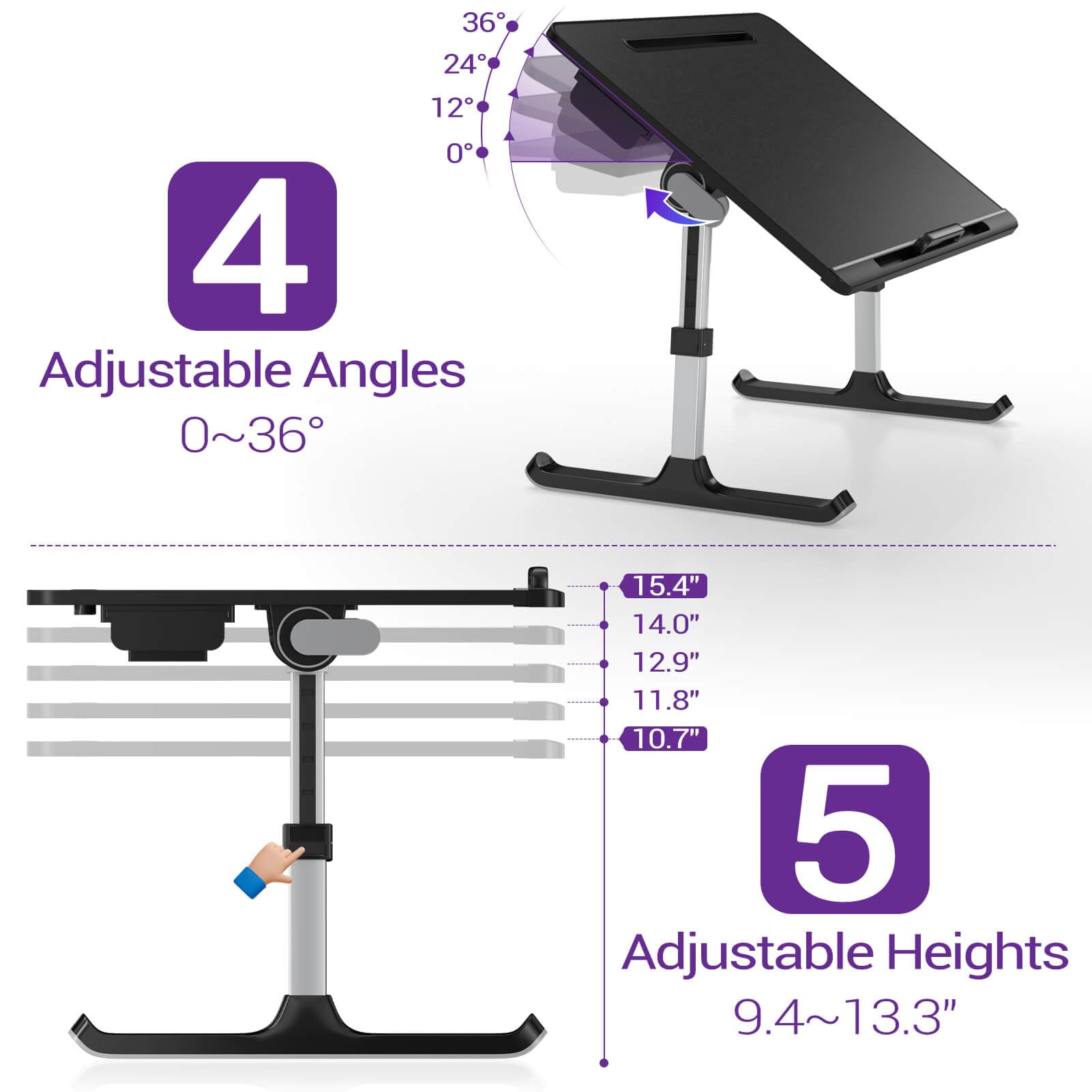 Adjustable Laptop Desk for Bed & Sofa - NEARPOW XXL Foldable Computer Tray with Anti-Slip Faux Leather, Removable Stopper, Book Stand & Storage Drawer - Perfect for Working, Studying, Reading or Watching Movies in Bed