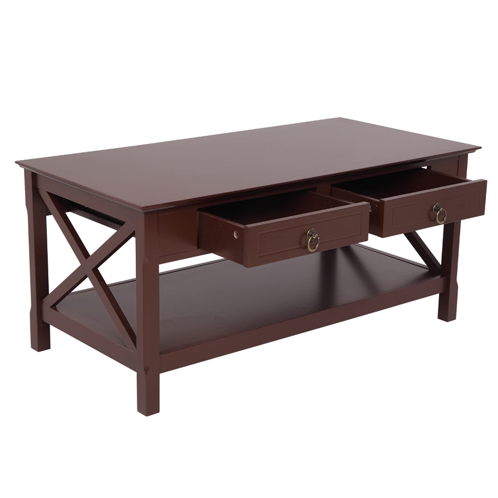 JASOYA Solid Wood Coffee Table with Two-Pull Drawers and Crossed Legs - Rustic Brown Modern Side Table for Living Room, Office, and Bedroom - Perfect for Small Spaces, Coffee Break, and Home Decor