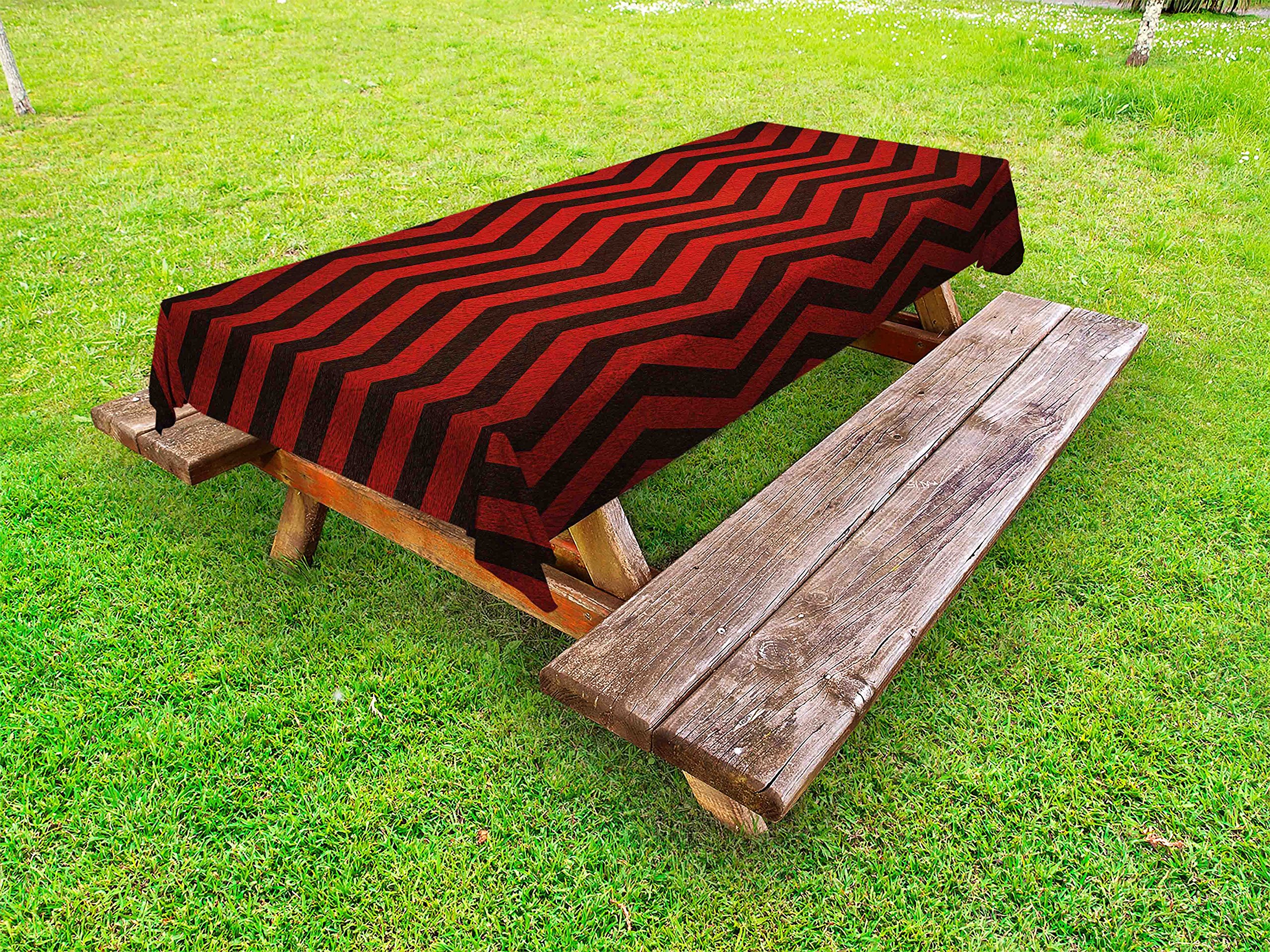 Lunarable Maroon Outdoor Tablecloth - Vintage Chevron Stripes Design, Washable Picnic Table Cover 58x104 Inches, Maroon & Black - Perfect for Outdoor Dining, BBQs, and Garden Parties