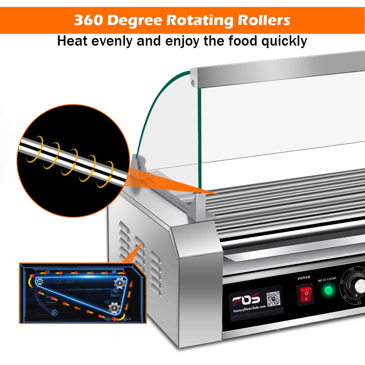 Electric Hot Dog Roller Machine - 18 Hot Dog Capacity, Non-Stick Surface, Removable Stainless Steel Drip Tray & Glass Hood Cover - Commercial Countertop Hot Dog Warmer for Restaurants, Food Trucks & Convenience Stores