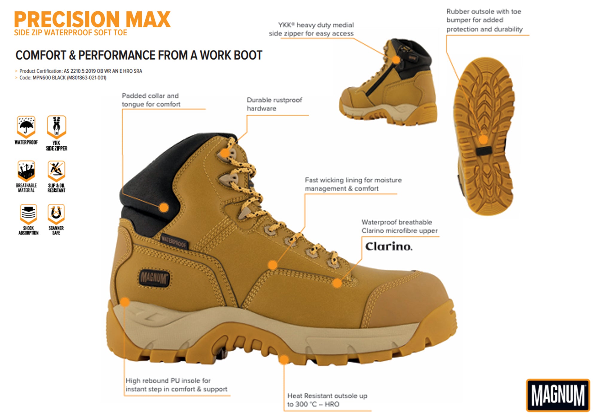 Magnum Men's Waterproof Precision Max SZ WPI Work Boots - Non-Safety Toe, Durable & Comfortable for Construction, Hiking, and Outdoor Work