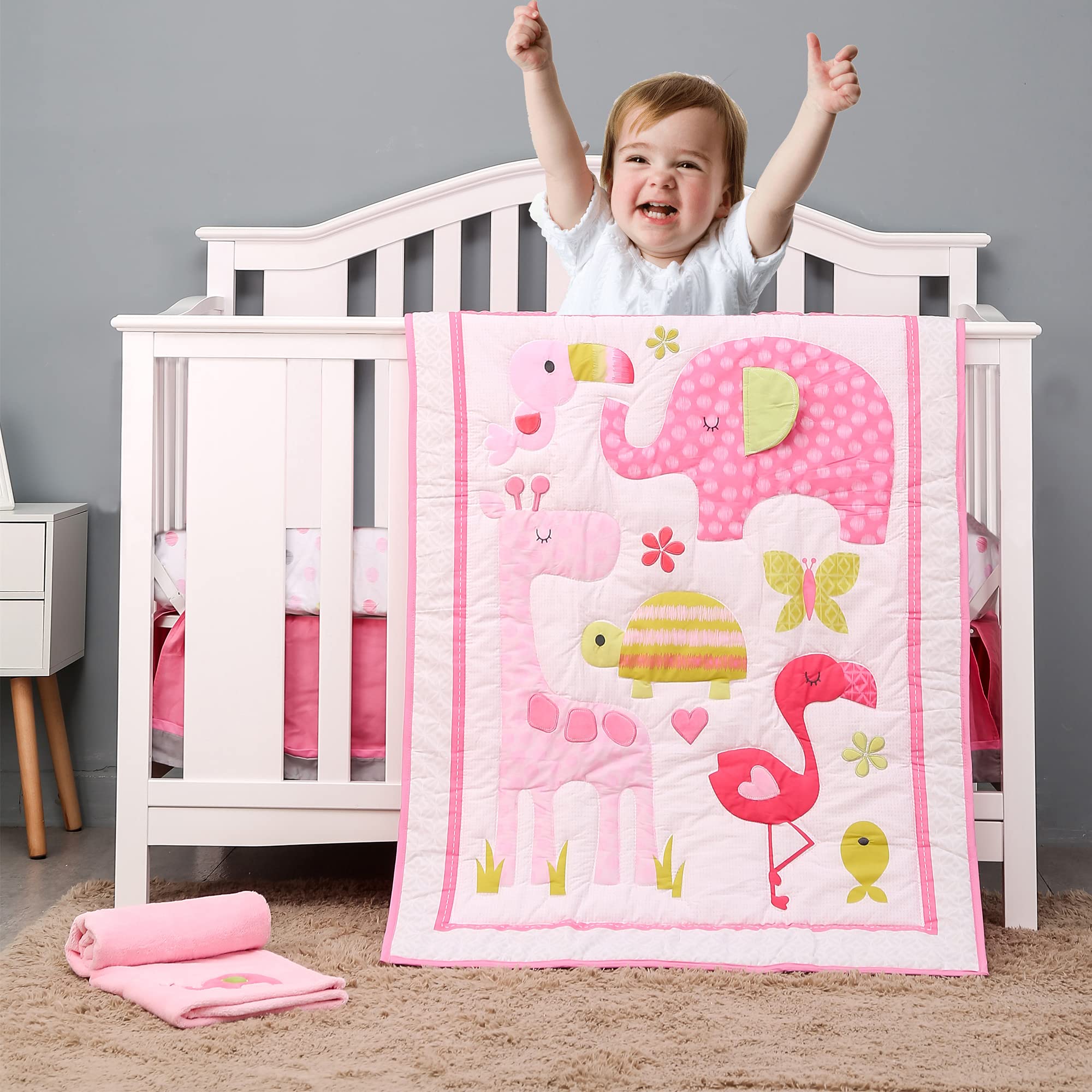 Brandream Pink Elephant Baby Crib Bedding Set | Soft Nursery Bedding for Girls with Flamingo, Giraffe, Woodpecker, Tortoise & Butterfly Floral Prints - Zoo Animal Theme Crib Set for Newborns & Infants - Perfect for Nursery Decor, Baby Showers & Gender Reveal Gifts