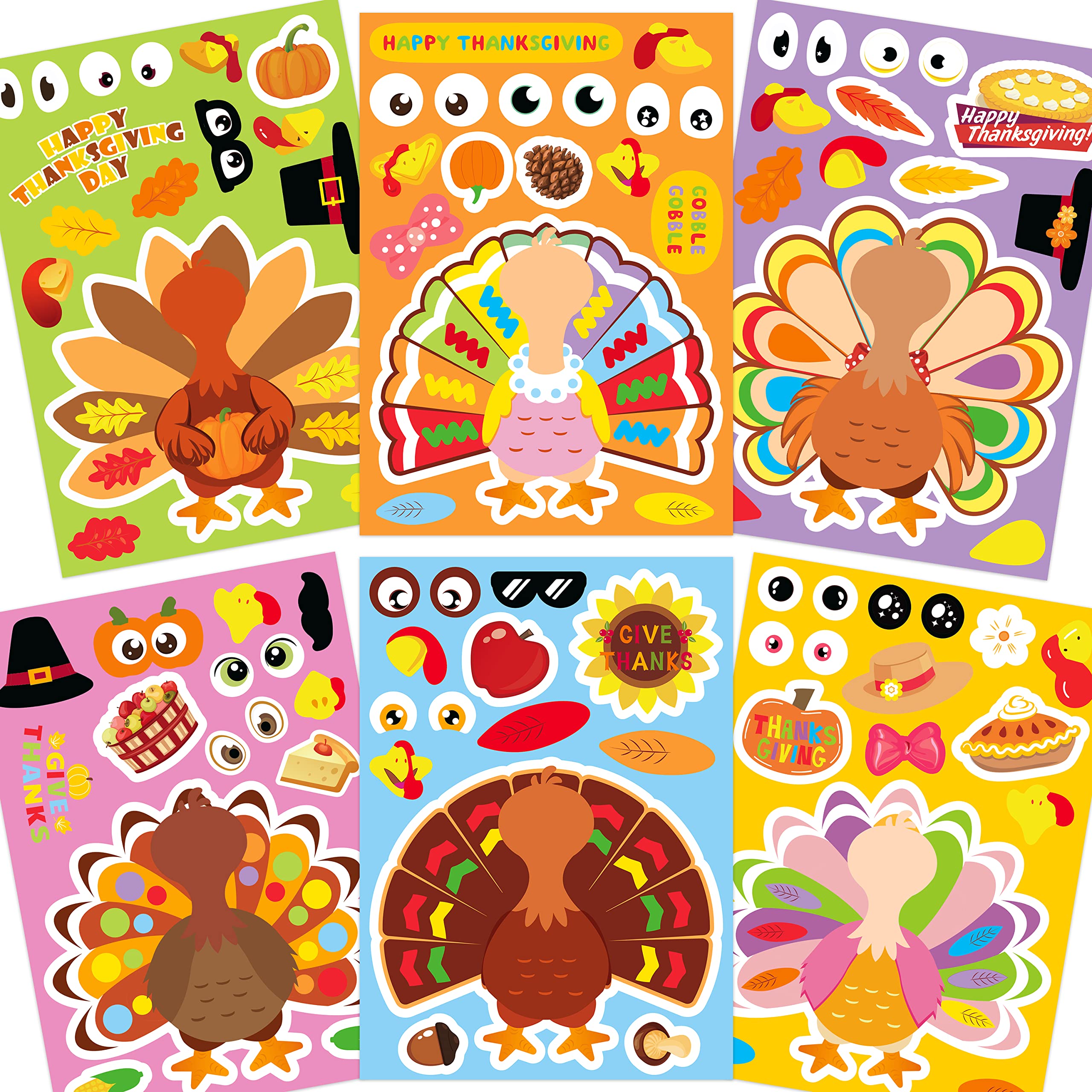Joy Bang Thanksgiving Stickers for Kids - 30 Sheets Turkey Face Stickers, DIY Thanksgiving Crafts, Party Favors & Gifts for Friendsgiving Activities | Perfect for Classroom Projects, Holiday Decorations & Family Bonding
