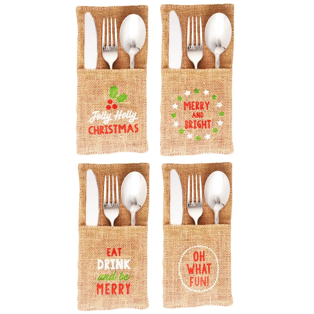 Eco-Friendly Christmas Jute Cutlery Holder Set of 4 - Knife Fork Spoon Organizer for Holiday Dining & Kitchen Storage