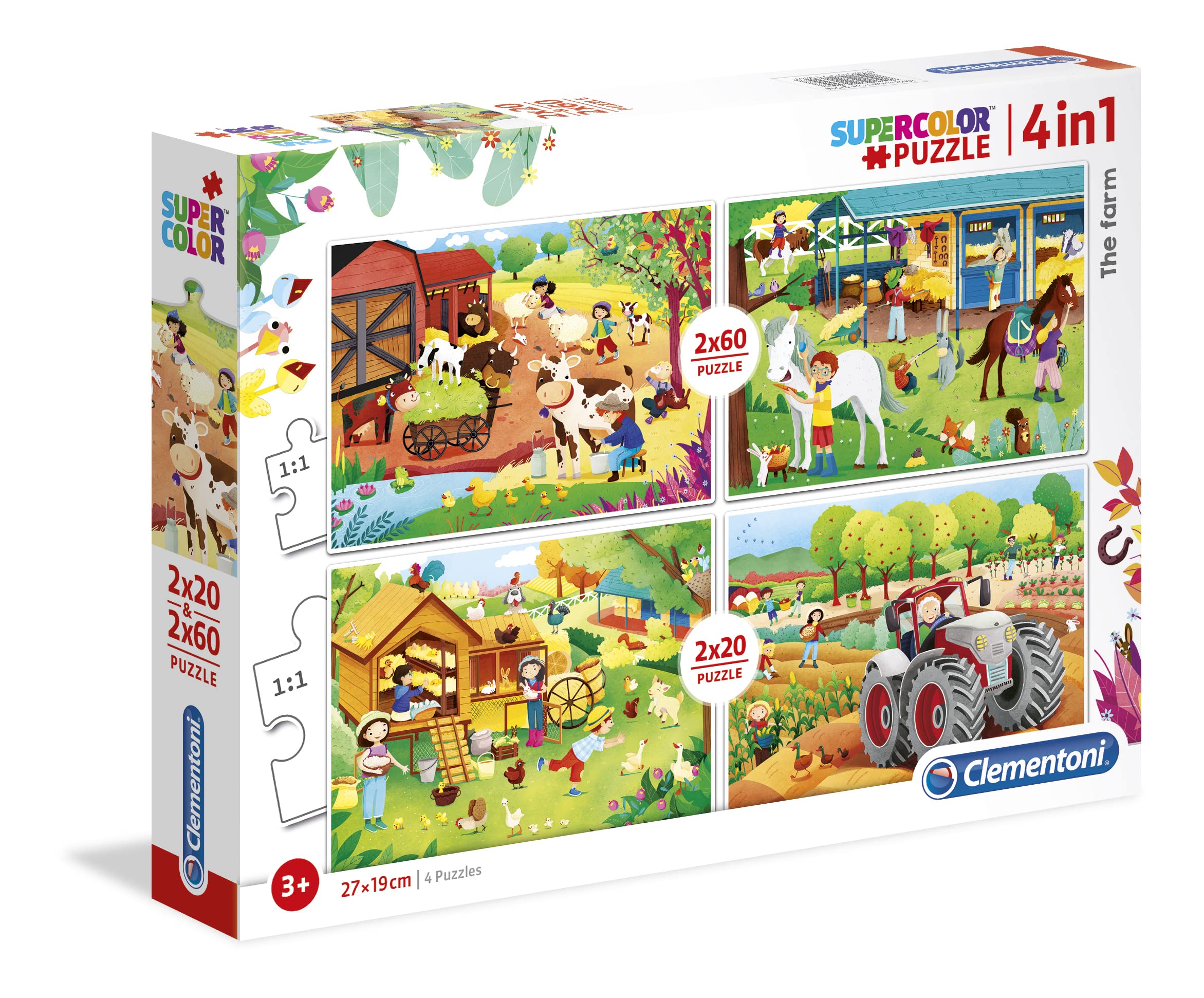 Clementoni Supercolor Puzzle for Kids - The Farm - 2x20pc + 2x60pc Jigsaw Puzzles - Educational Farm Animal Toy for Children Ages 3-6 - Perfect for Family Game Night & Preschool Learning Activities