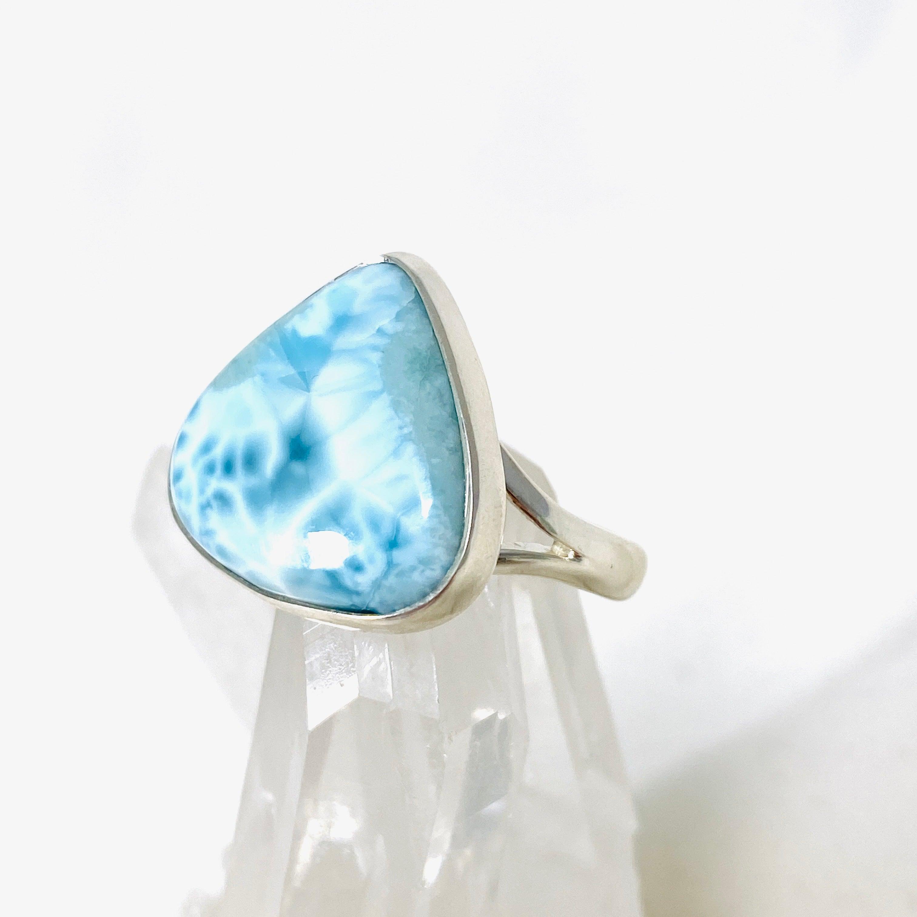 Larimar Teardrop Ring Size 8 KRGJ3088 - Genuine Dominican Blue Stone Silver Jewelry for Women, Perfect for Beach Weddings & Boho Fashion