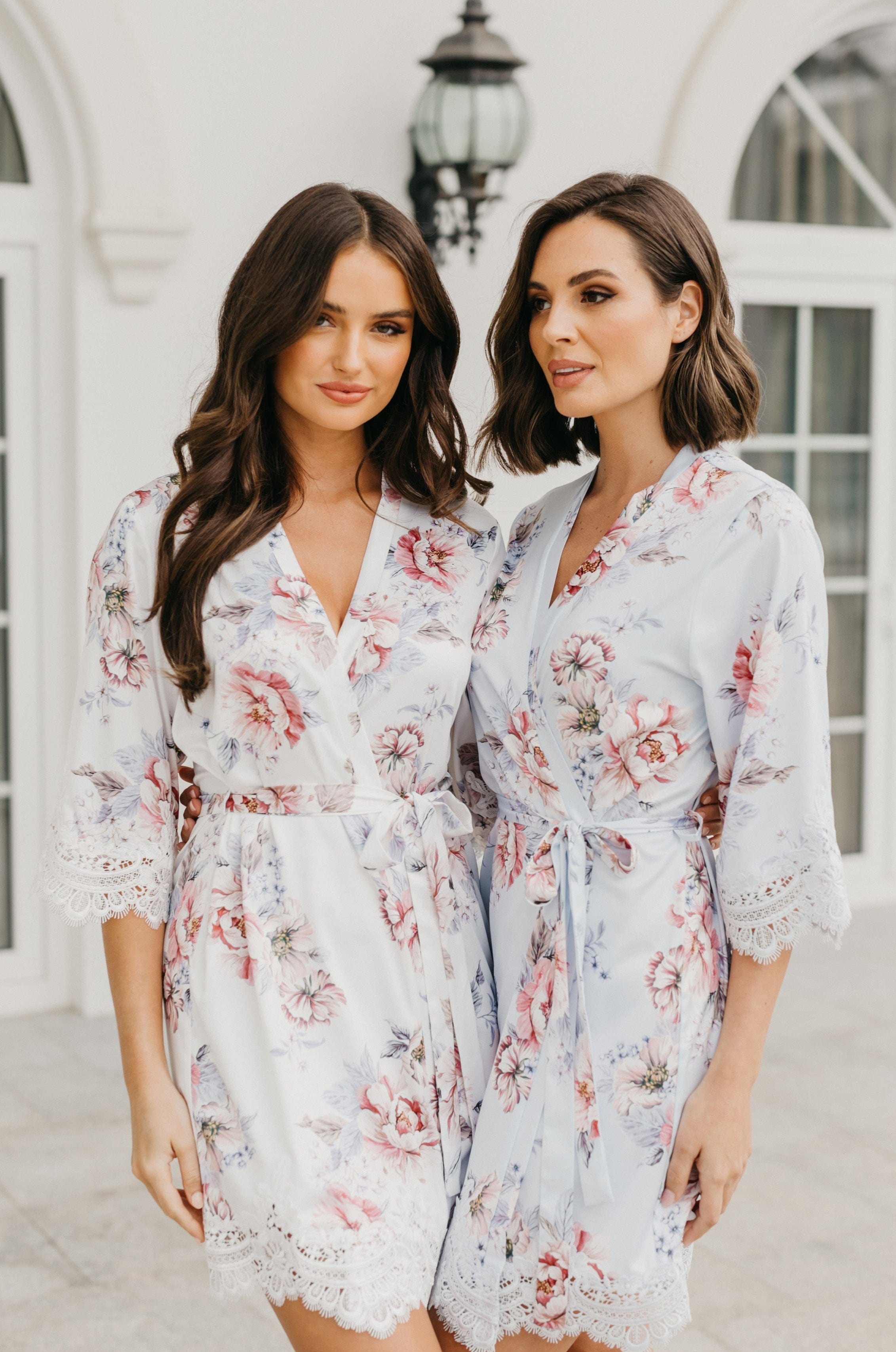 Serena Veiled Rose Printed Lace Trim Satin Robe - Elegant Bridal Lingerie & Boudoir Dress for Wedding Night, Honeymoon & Romantic Occasions