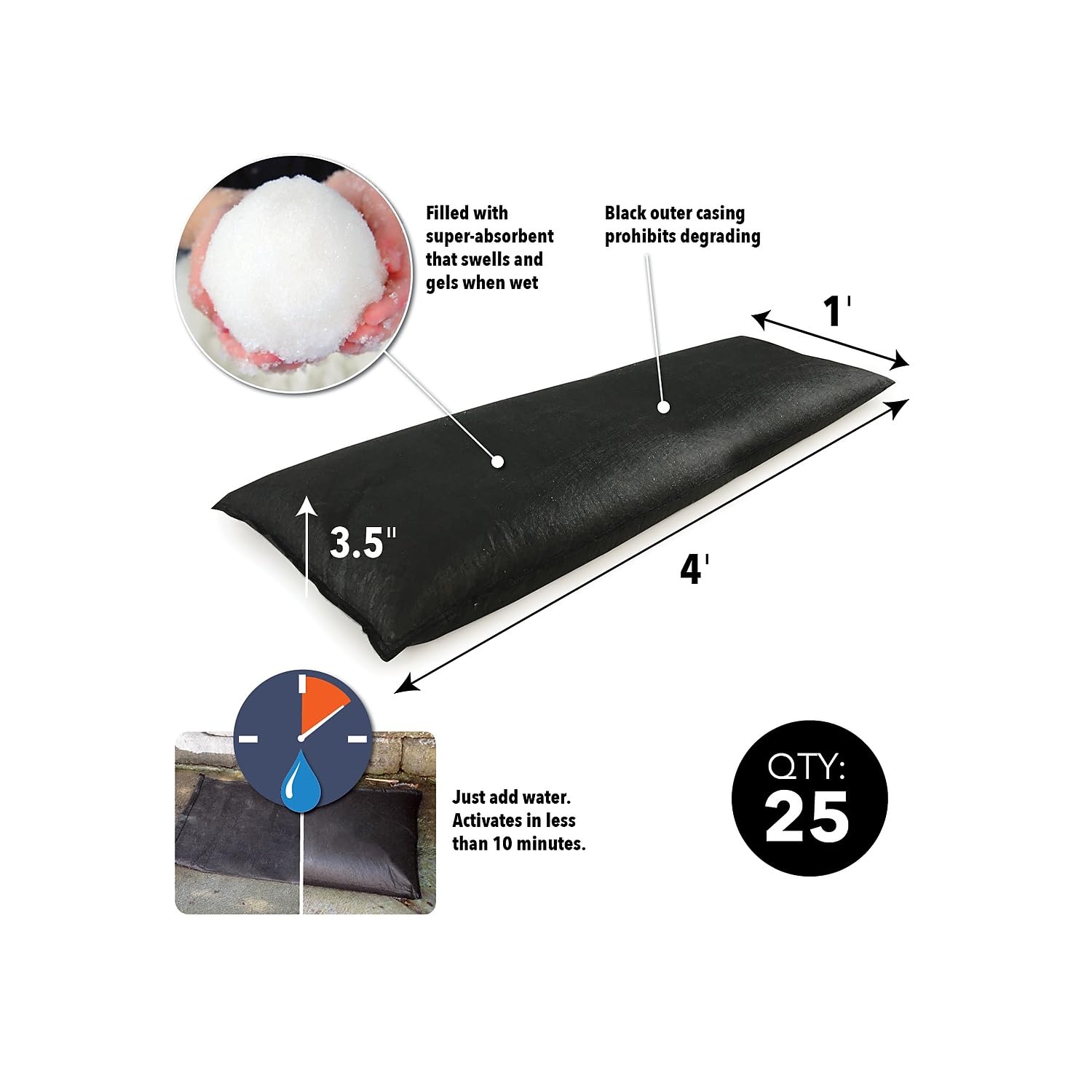 Quick Dam QD1248-25 Water-Activated Flood Barrier Bags - Jumbo Size (25-Pack, Black) - Emergency Flood Protection for Homes, Basements & Garages