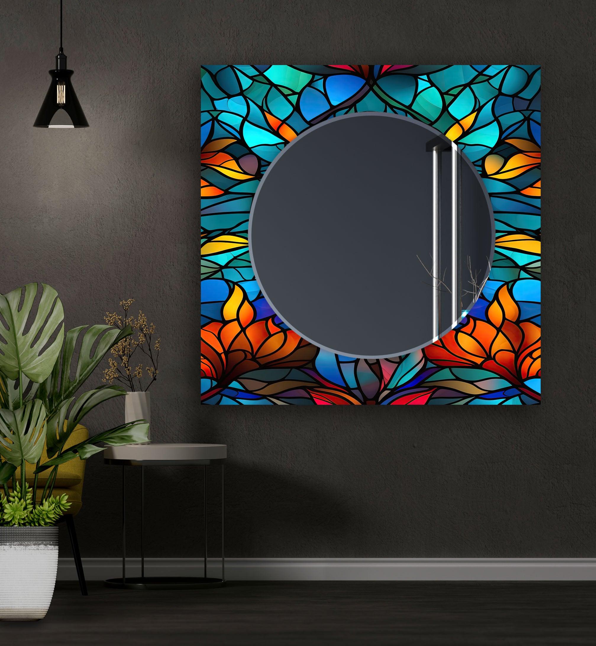 Blue Orange Leaf Wall Mirrors - Decorative Round Mirror for Living Room, Bedroom, Bathroom - Boho Home Decor Accent Piece