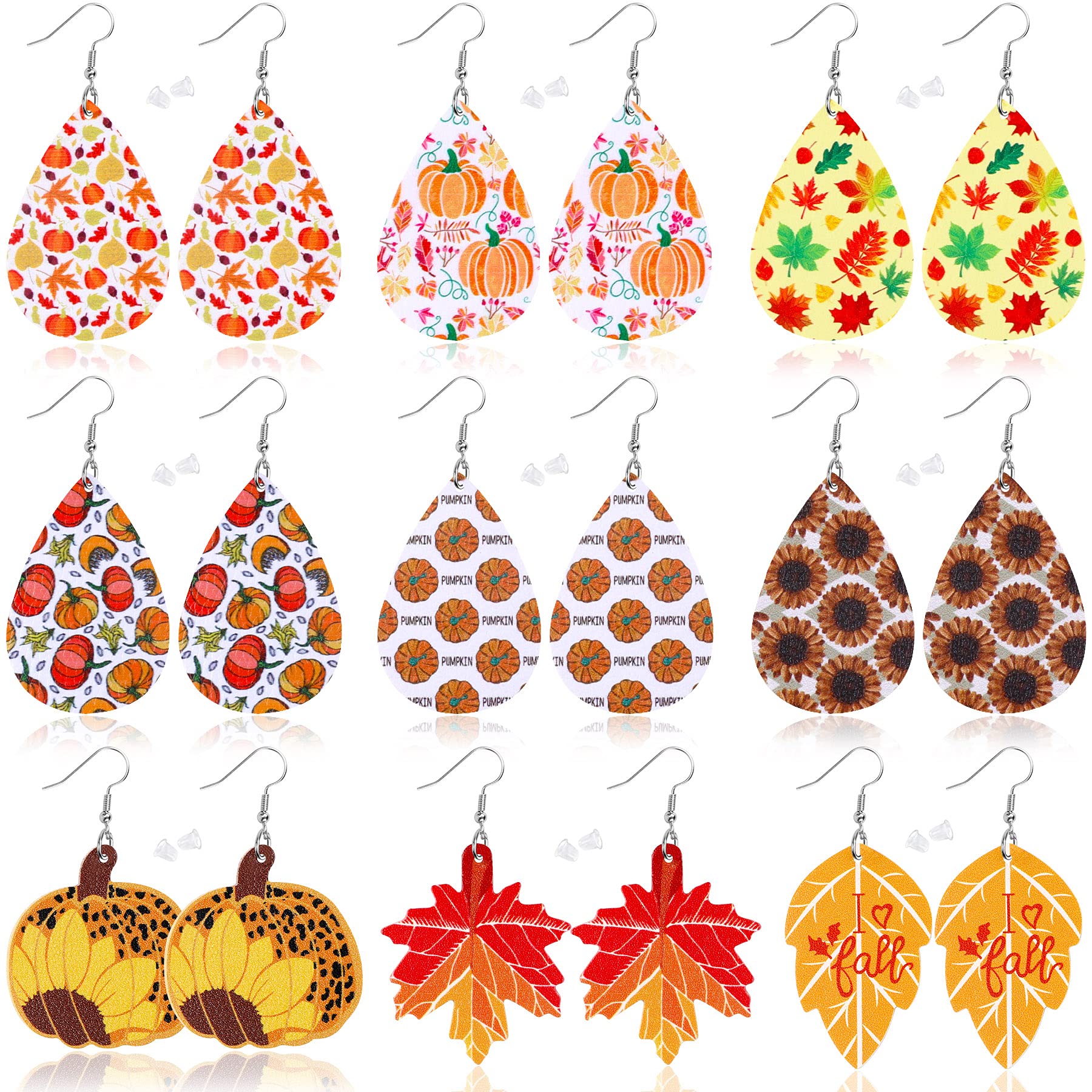 9 Pairs Thanksgiving Fall Faux Leather Earrings for Women - Pumpkin, Sunflower & Maple Leaf Dangle Earrings - Lightweight Autumn Jewelry for Holiday Parties, Office Wear & Seasonal Outfits