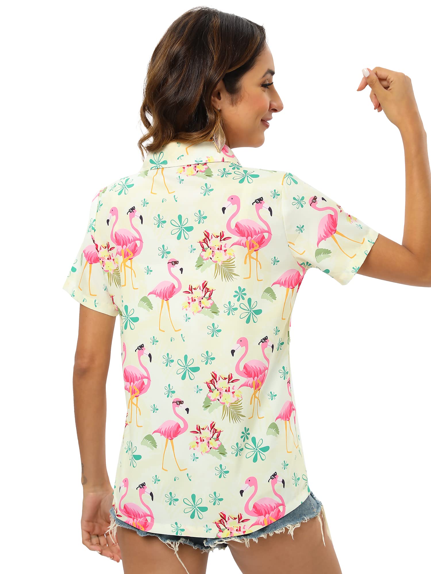 Blueleaf Hawaiian Shirt for Women - Short Sleeve Casual Button Down Shirt with Tropical Flamingo Print | Perfect for Summer Luau Parties, Beach Vacations & Tropical Getaways