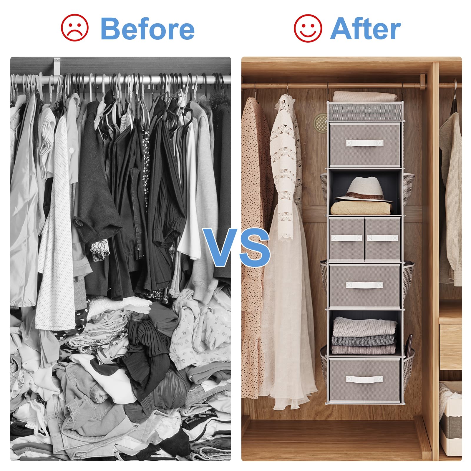 Fixwal 7-Shelf Hanging Closet Organizer with 5 Removable Drawers & 6 Side Pockets - Space Saving Storage for Bedroom, Closet, or Garment Rack - Light Gray - Perfect for Organizing Clothes, Shoes, Toys & Accessories