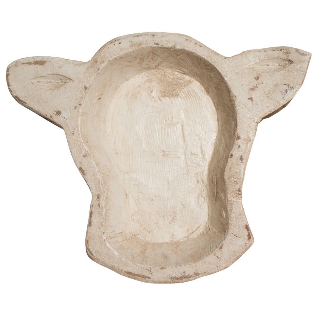 Antique Hand Carved Large Cow Head Dough Bowl - 11x12x2 Farmhouse Decor, Candle Holder, Rustic Centerpiece for Holiday & Christmas Gifts (Off-White) - Perfect for Farmhouse, Rustic & Vintage Home Decor