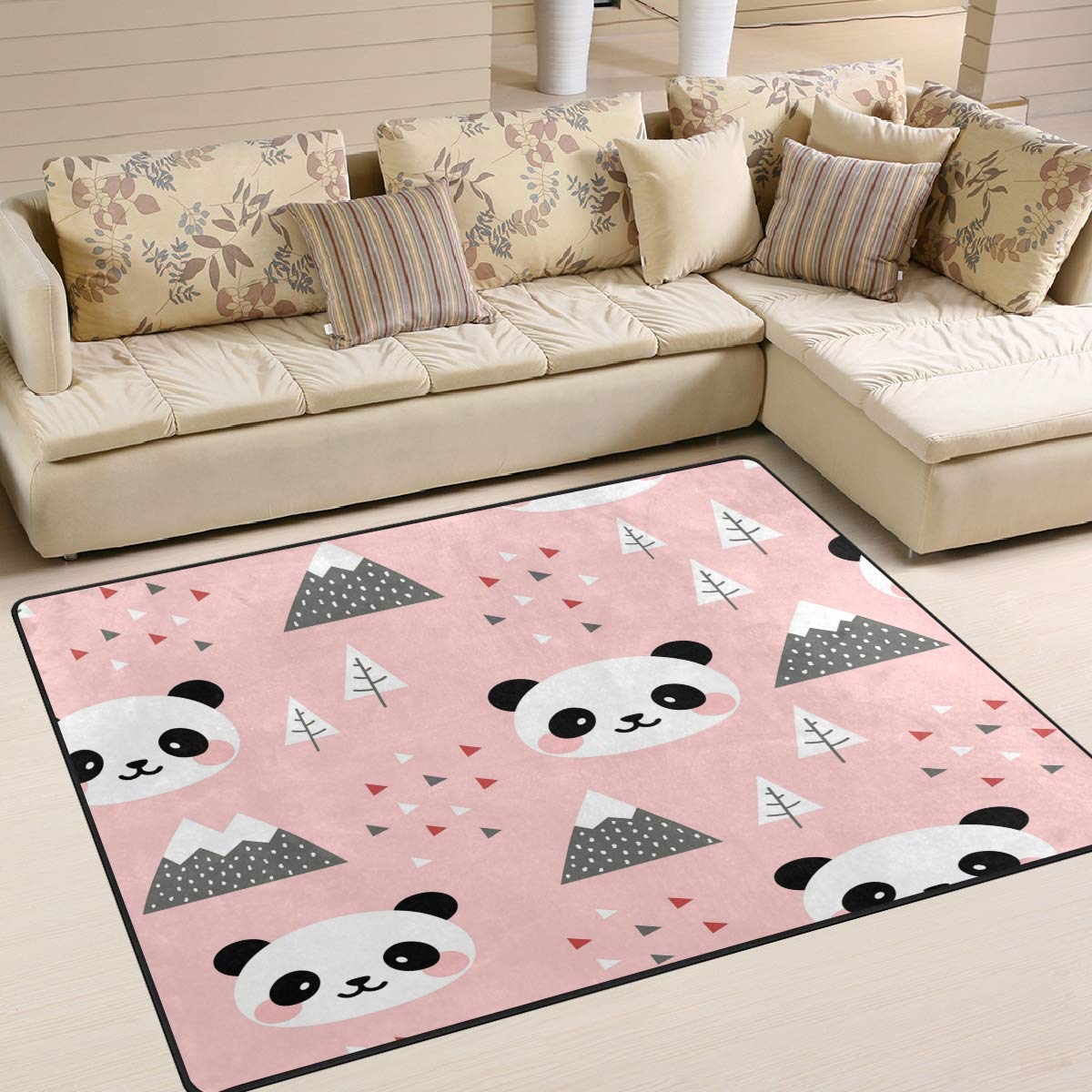 ALAZA Soft Cartoon Panda Mountain Tree Area Rug - 7' x 5' Non-Slip Kids Nursery Rug for Living Room, Bedroom & Playroom - Cute Animal Themed Floor Mat for Home Decor