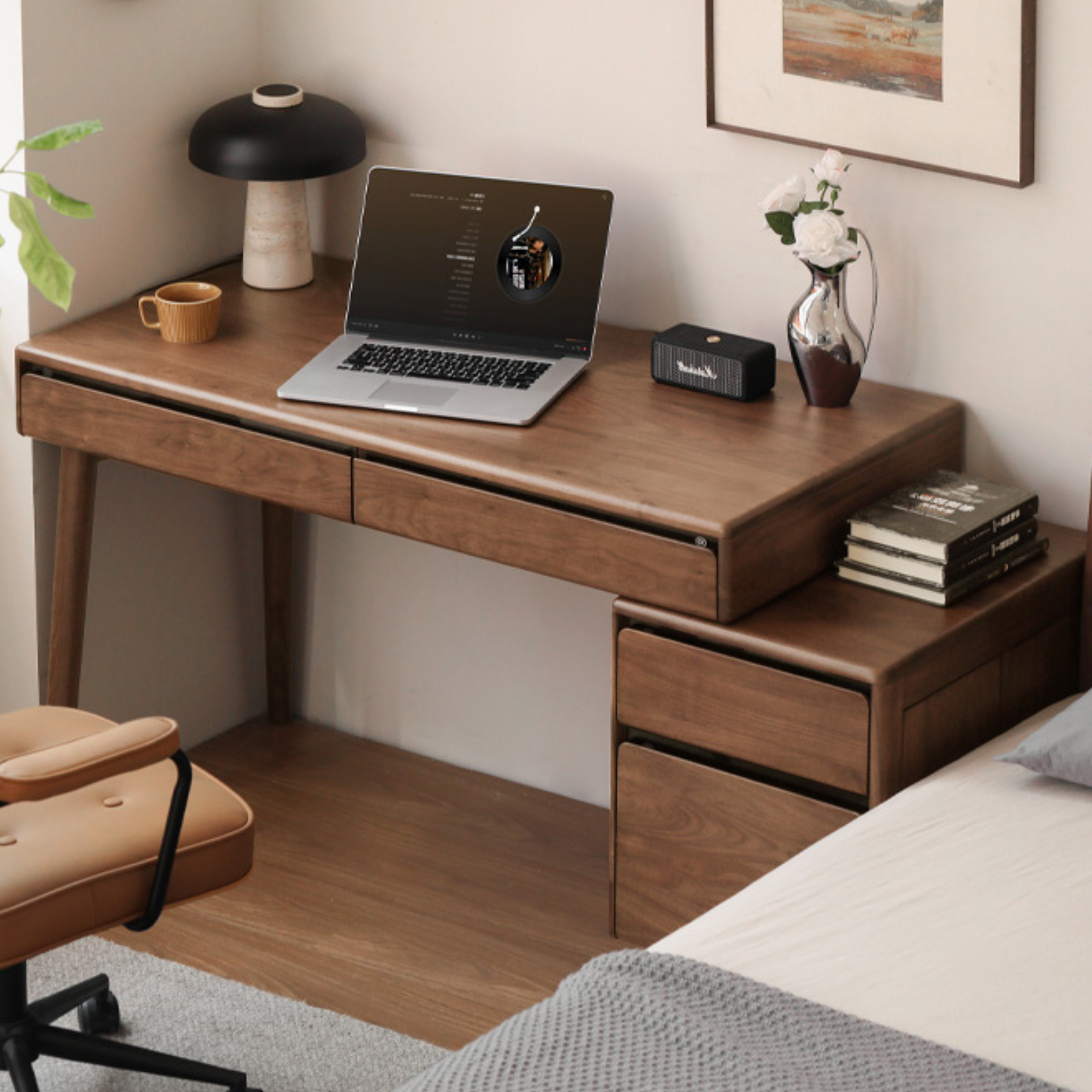 Premium Black Walnut Solid Wood Office Desk with 3 Drawers - Modern Writing & Computer Workstation for Home & Office Use