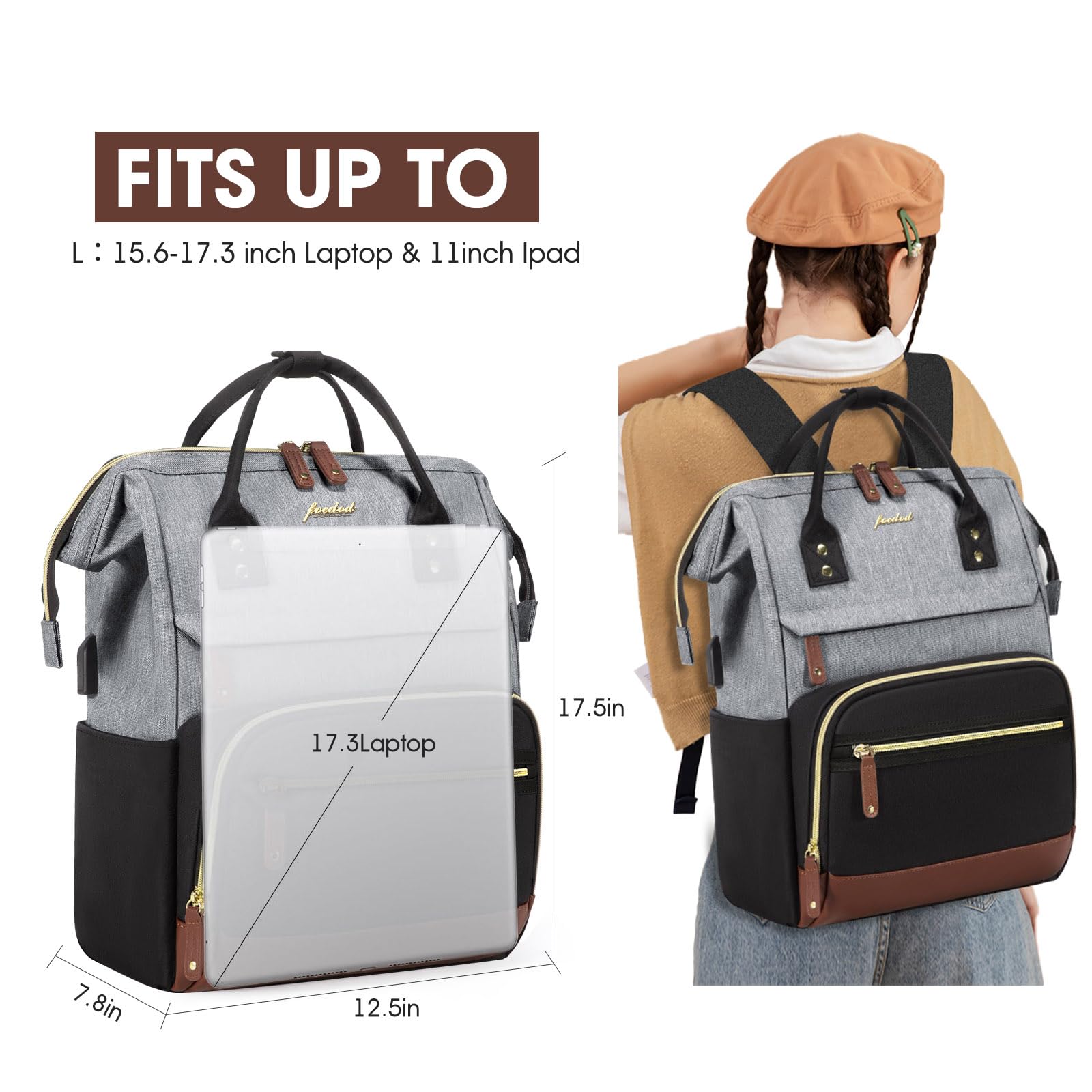 17 Inch Women's Laptop Backpack - Waterproof Anti-Theft Work Bag with USB Charger for Nurse, Teacher & College Students | Business Travel, Commuting & School Use (Black/Grey/Brown)