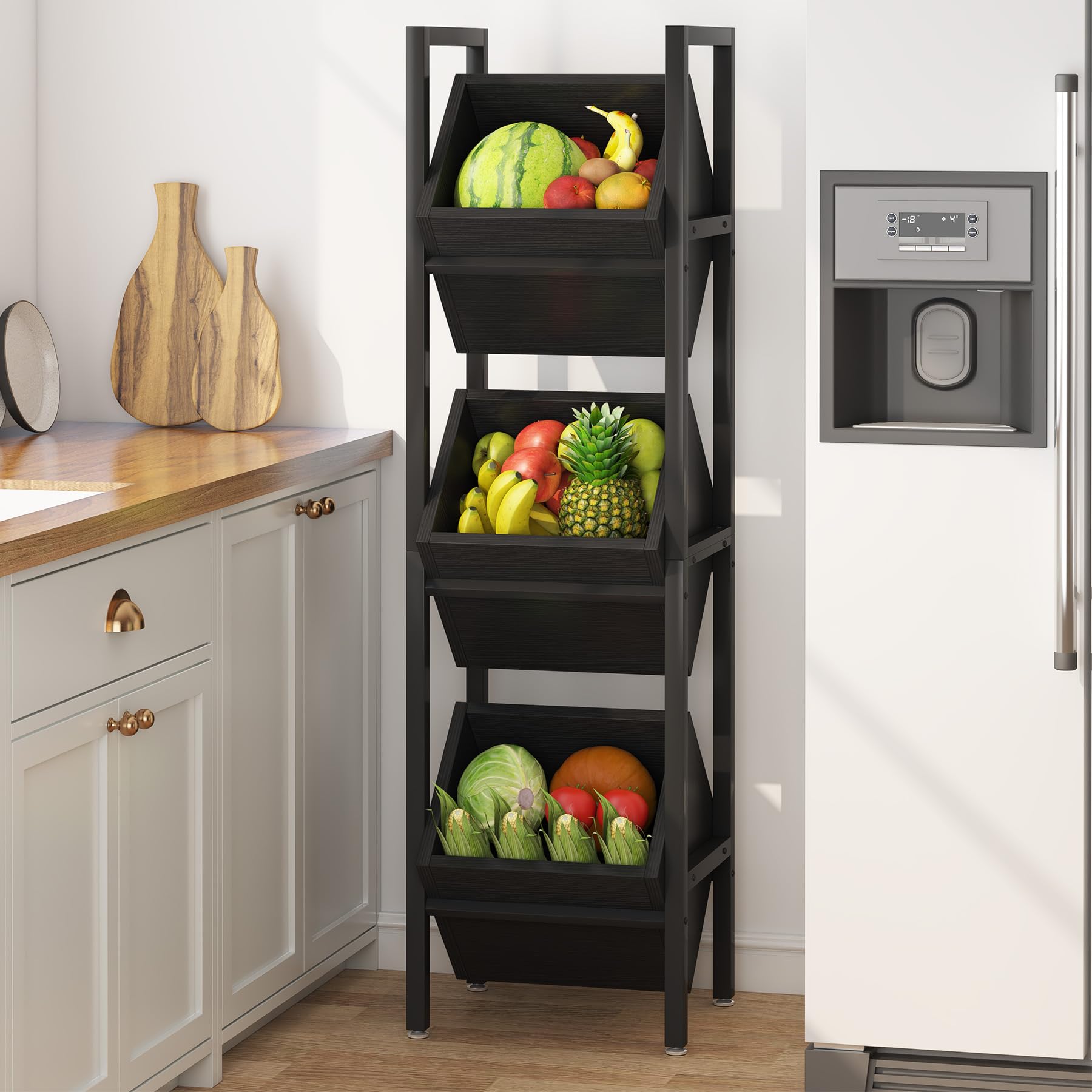 Tribesigns 3-Tier Wooden Basket Stand - Rustic Vertical Storage Organizer with Baskets for Kitchen, Bathroom & Living Room - Perfect for Fruits, Snacks, Towels & Home Decor (Black)