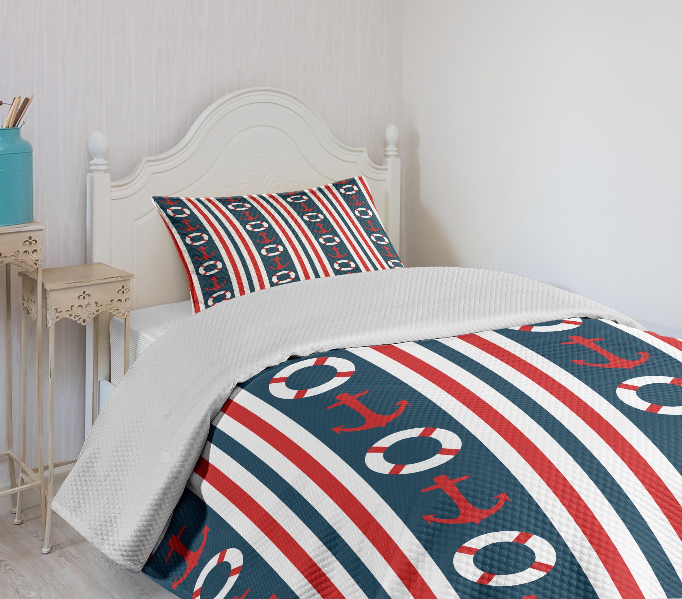 Ambesonne Nautical Twin Size Bedspread Set - 3 Piece Maritime Themed Bedding with Anchor & Steering Wheel Stripes in Indigo Red White | Perfect for Coastal Bedrooms, Beach House Decor & Sailor Theme Rooms