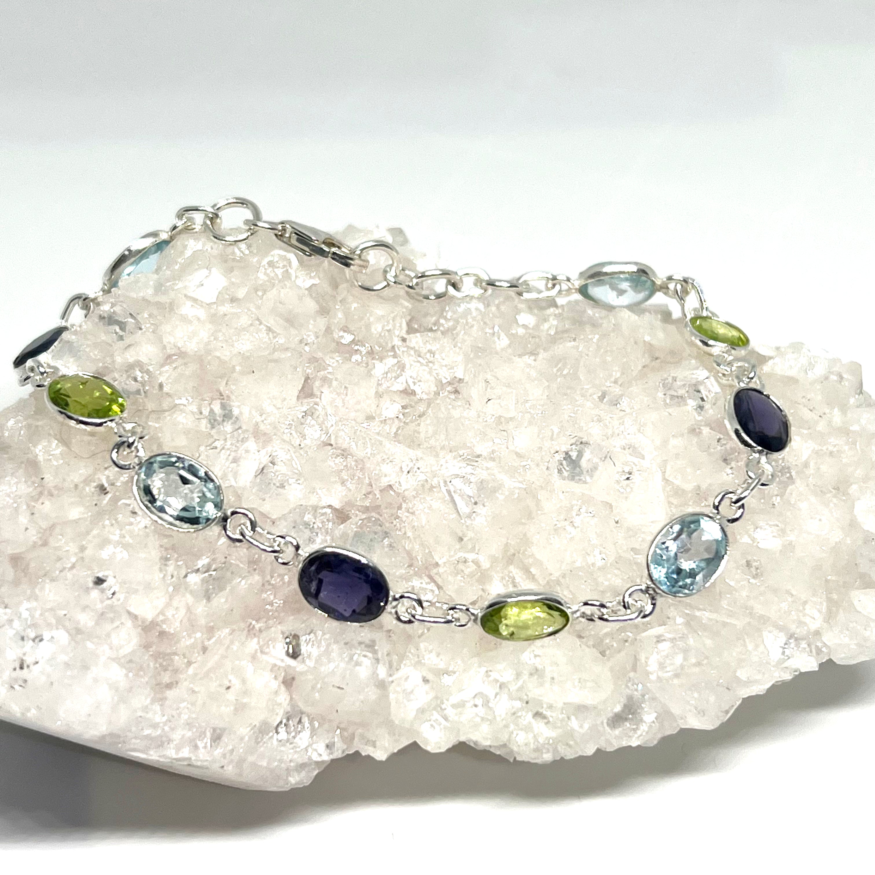 925 Sterling Silver Blue Topaz Peridot Iolite Faceted Gemstone Beaded Bracelet - Elegant Jewelry for Women, Perfect for Parties, Weddings & Everyday Wear