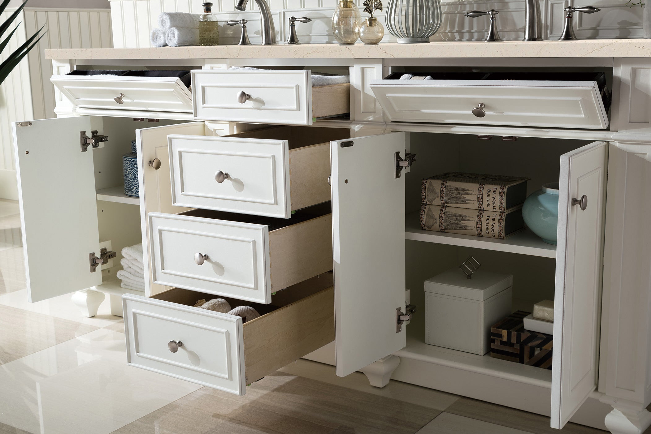 Bristol 72 Inch Double Bathroom Vanity with 3CM Eternal Marfil Quartz Top in Bright White - Perfect for Master Bathroom and Guest Bath Renovation