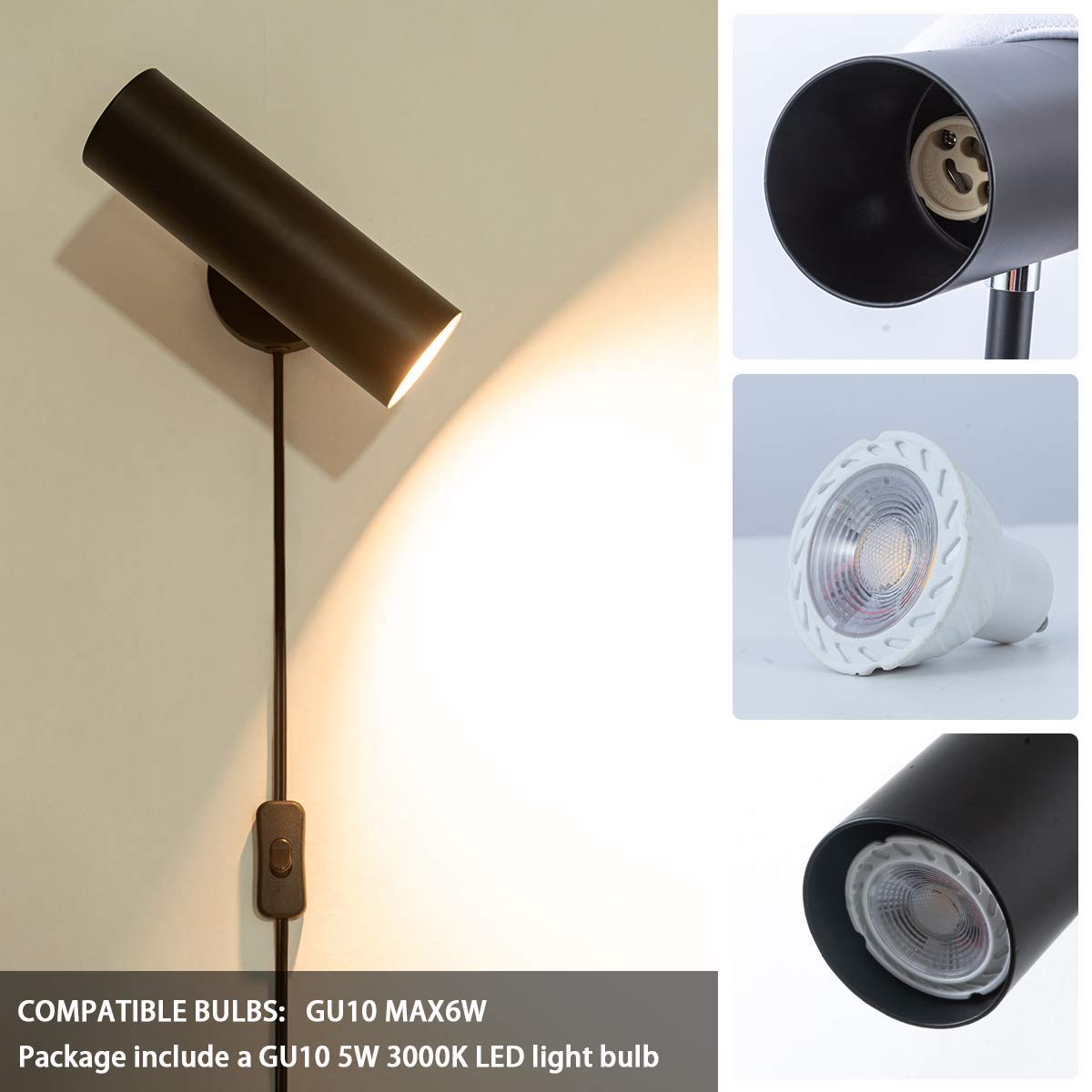 Modern Plug-in Wall Sconce - Minimalist Swivel Wall Lamp with On/Off Switch - Matte Black Finish - Set of 2 - Perfect for Bedroom, Mirror Display & Accent Lighting