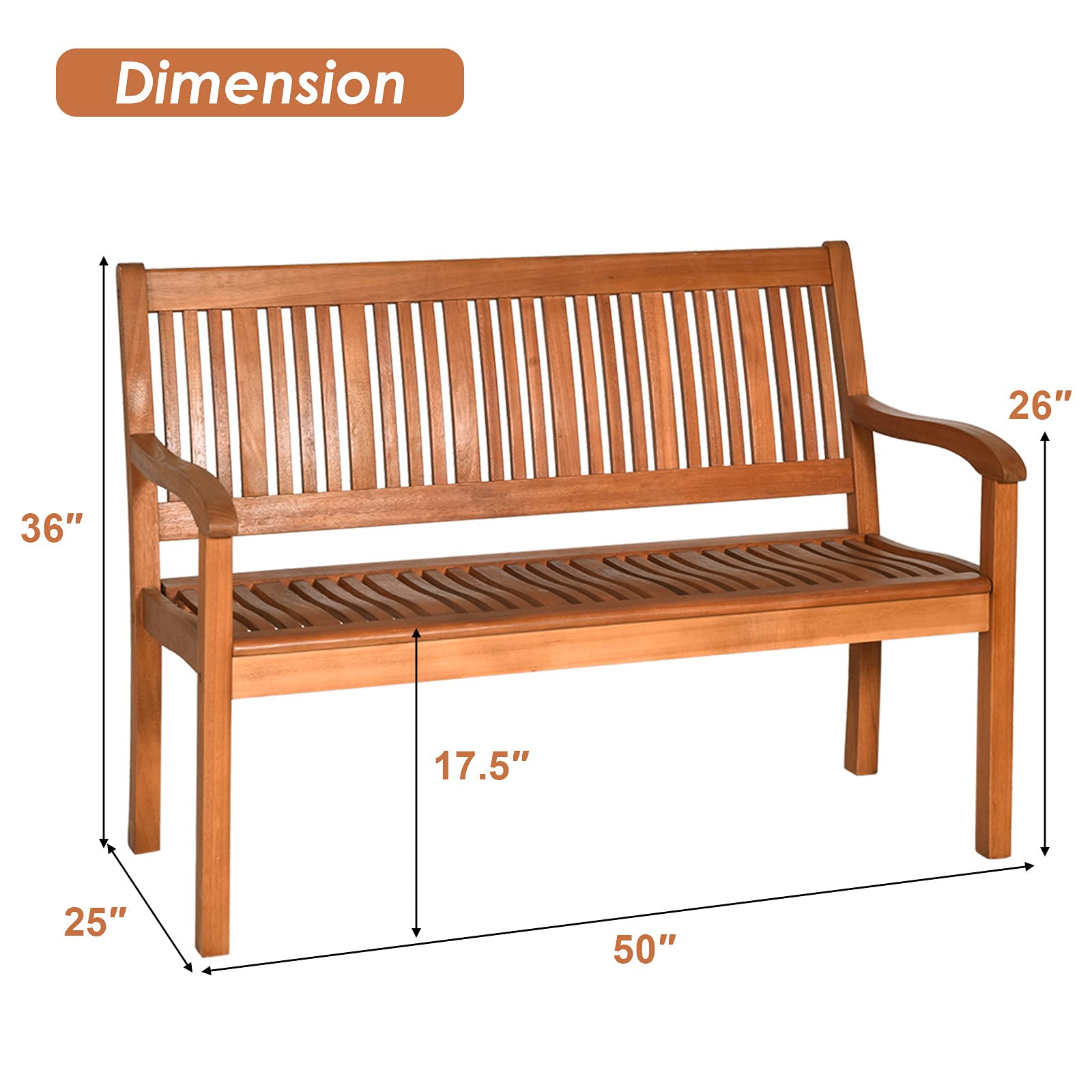 4FT Eucalyptus Wood Outdoor Bench - Teak Finish Patio Loveseat with Armrest & Backrest, Weather-Resistant Slatted Seating for Garden, Deck, Balcony or Poolside Relaxation