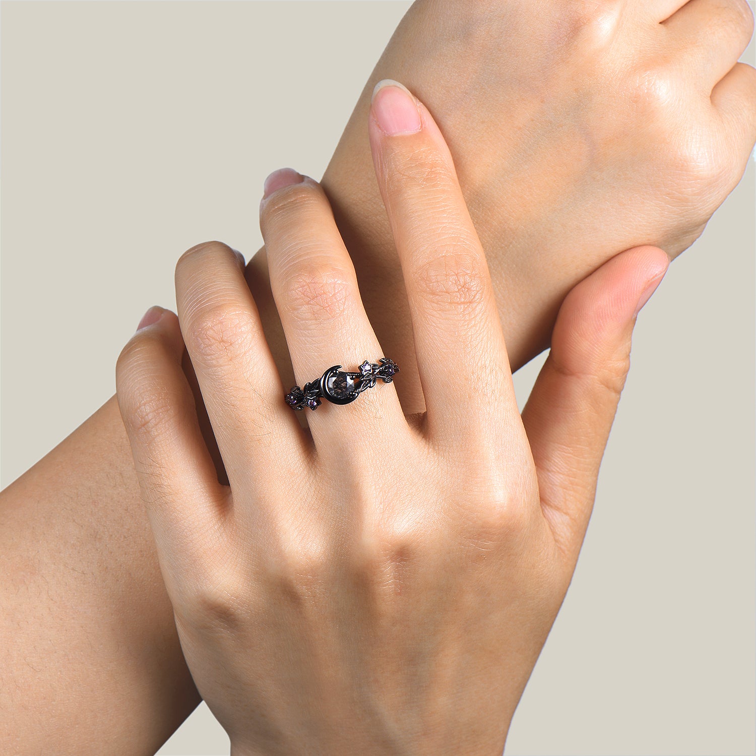 Black Rutilated Quartz Moon Engagement Ring - Round Cut Amethyst Nature Inspired Wedding Band for Women, Perfect for Proposals, Anniversaries & Boho Chic Style