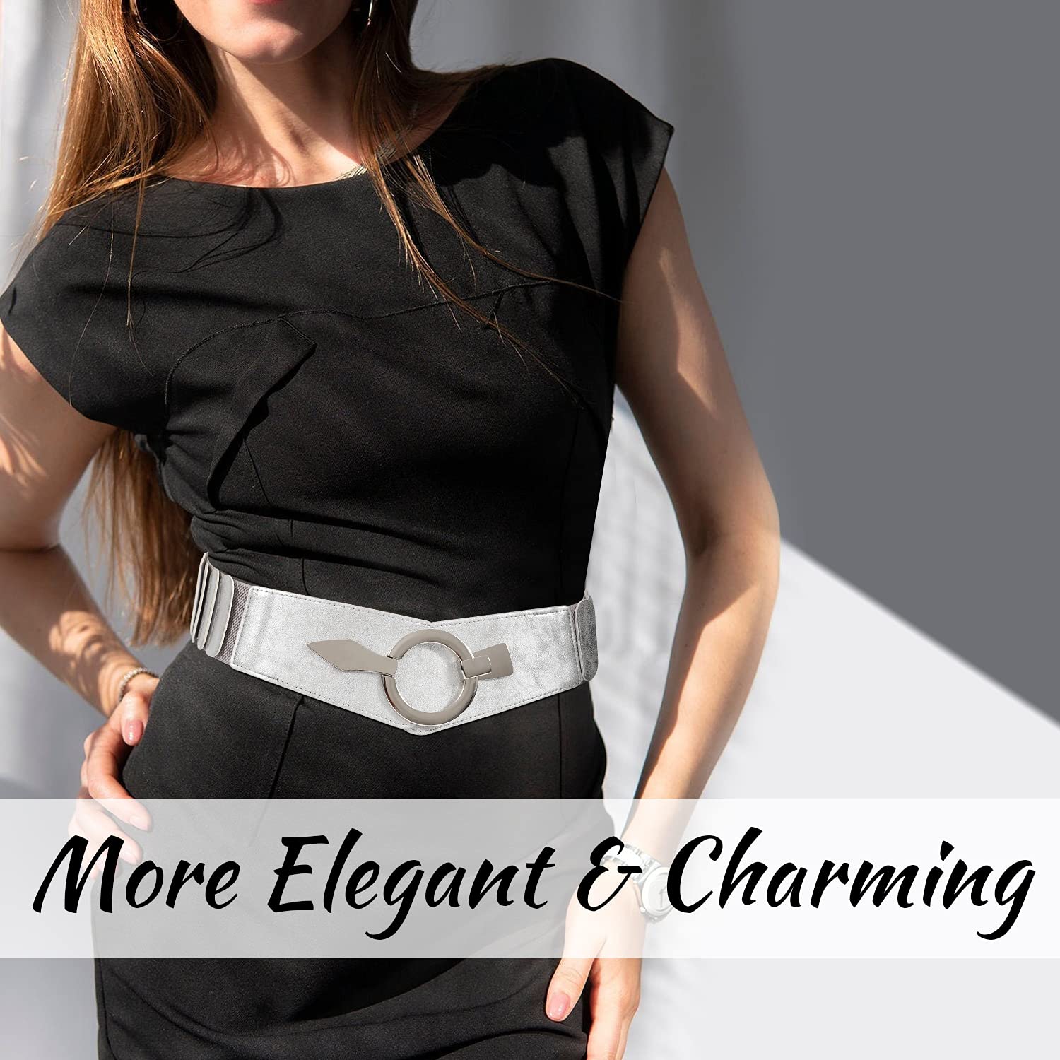 SUOSDEY Women's Fashion Wide Elastic Belt - Stretch Waist Belt with Easy Silver Buckle for Dresses & Skirts | Perfect for Office Wear, Casual Outfits & Special Occasions