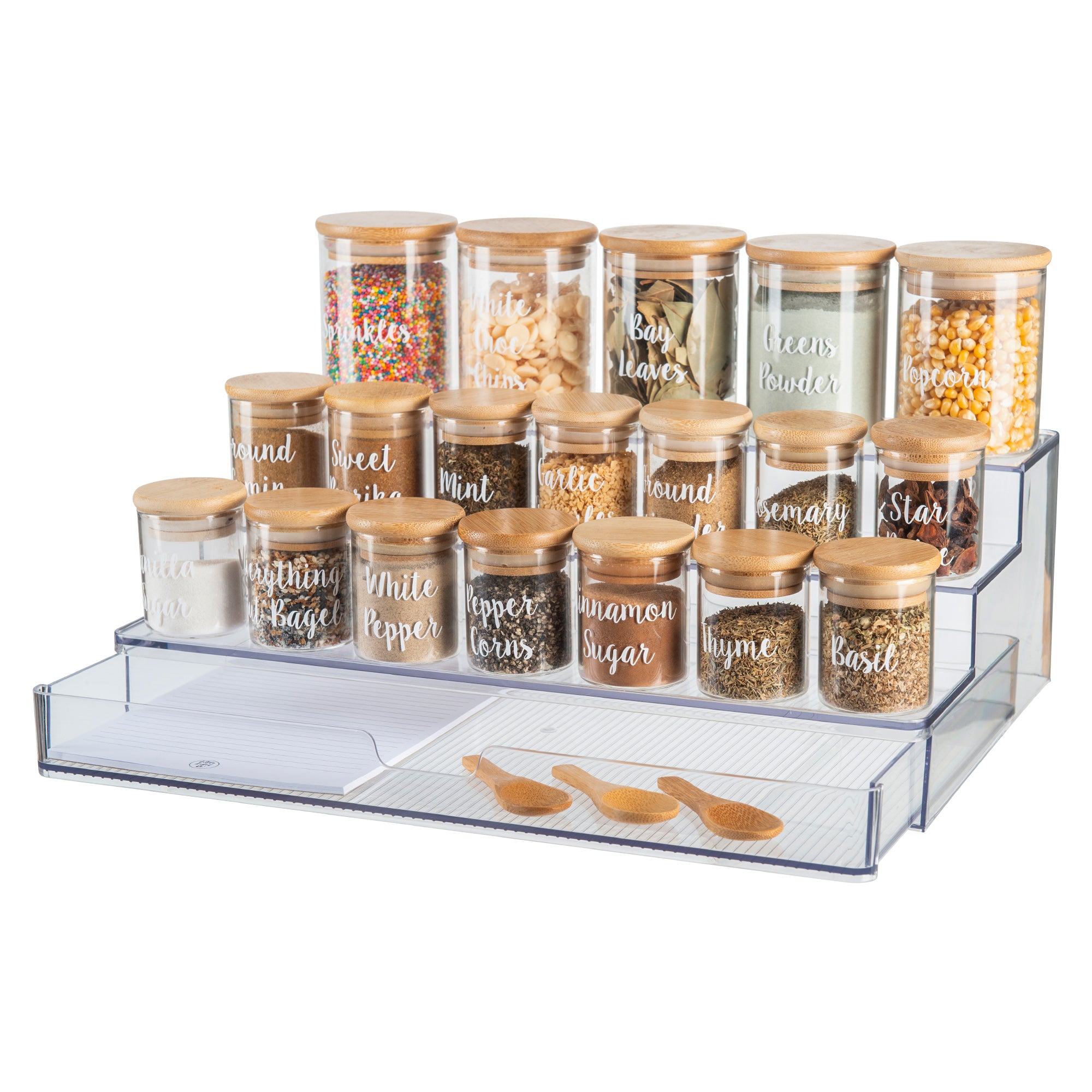 Clear Acrylic Herb & Spice Shelf with Drawer - 12 Jar Organizer for Kitchen Countertop, Pantry or Spice Rack Storage - Perfect for Organizing Cooking Ingredients, Tea Bags and Small Bottles