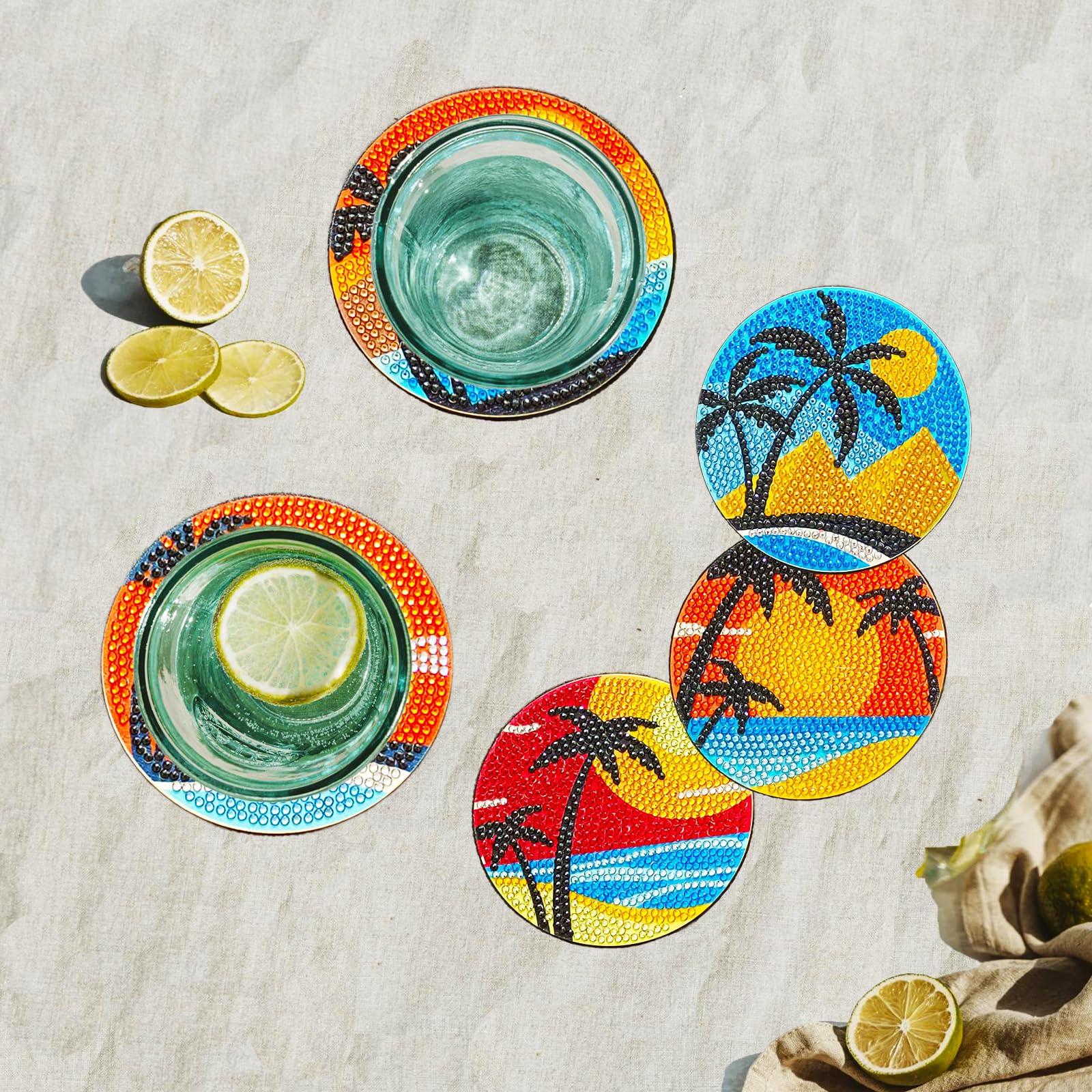 Diamond Painting Coasters Kit - 6 Pcs Sunset DIY Diamond Art with Holder & Cork Pad, Non-Slip Coasters for Beginners & Adults, Perfect Gift for Kids - Ideal for Home Decor, Coffee Table & Craft Projects