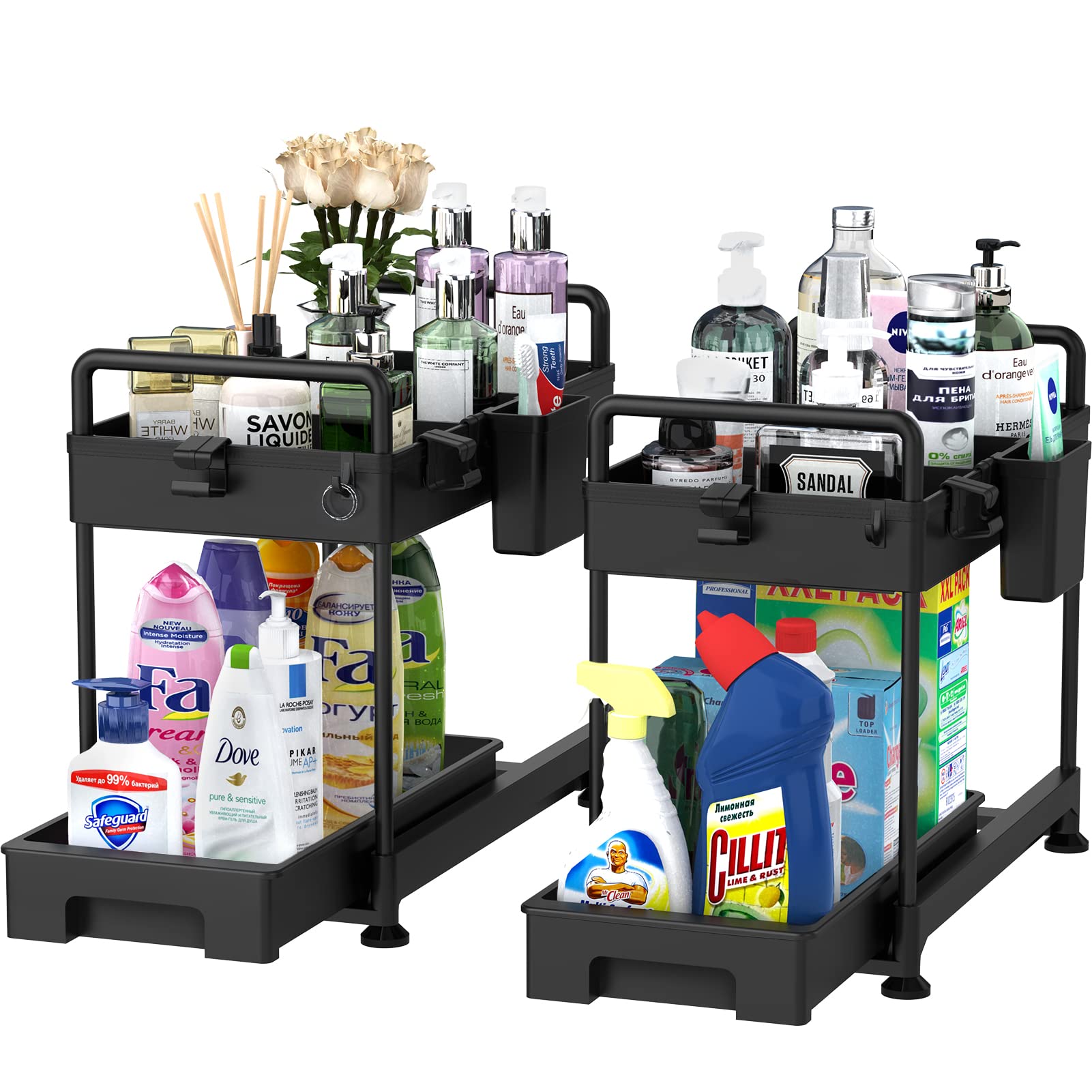 SOLEJAZZ 2-Tier Under Sink Organizer with Hooks & Dividers - Sliding Bathroom Cabinet Storage Drawer for Kitchen, Bathroom & Laundry - Space Saving Under Sink Shelf Organizer (Black, 2 Pack) - Perfect for Organizing Cleaning Supplies, Toiletries & Beauty Products
