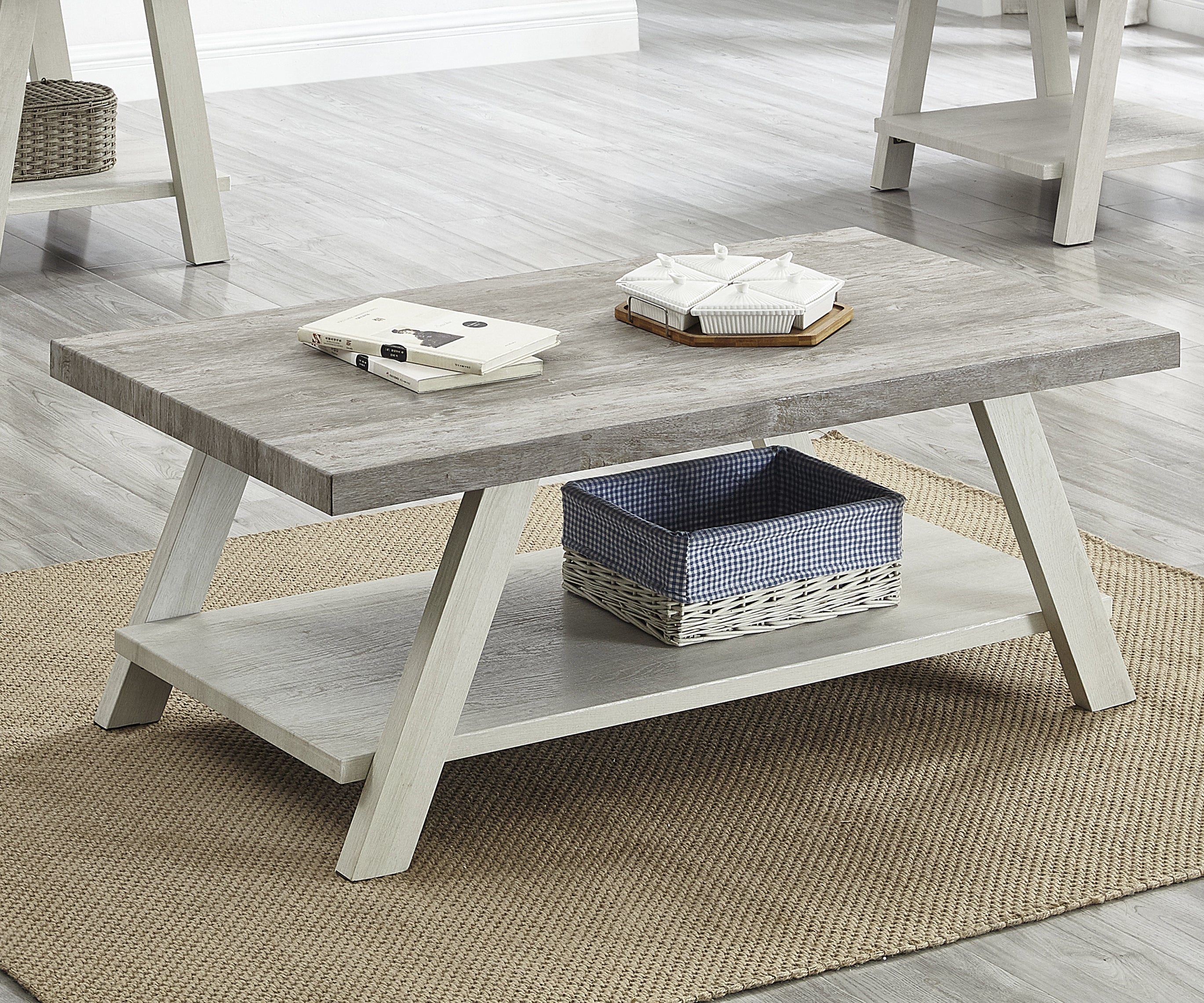 Roundhill Furniture Athens Contemporary Two-Tone Wood Shelf Coffee Table - Weathered Gray & Beige - Modern Living Room Accent Table for Home Decor