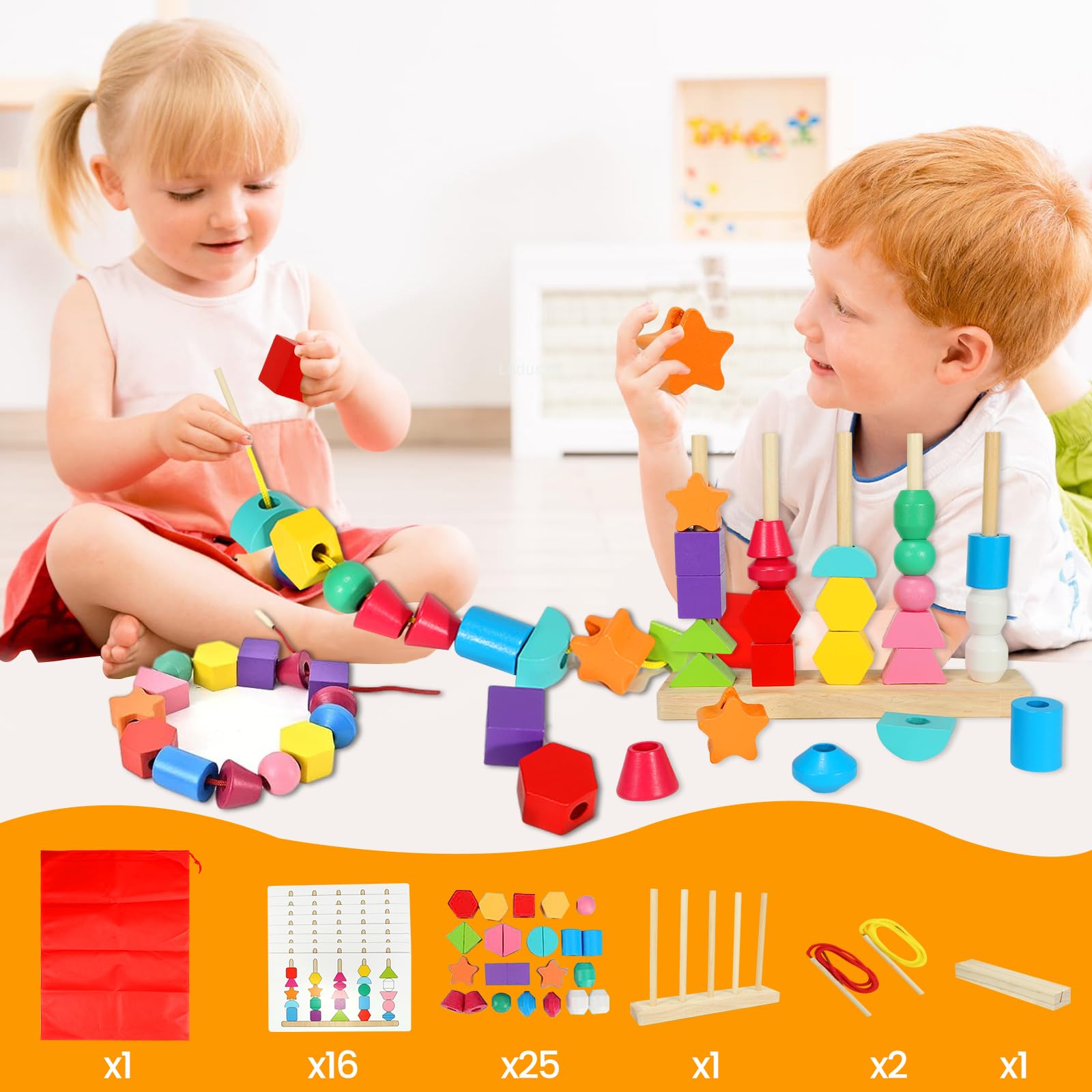 Montessori Wooden Shape Matching Game & Lacing Beads - Fine Motor Skills Toys for Toddlers Age 2-4 | Preschool Learning Activities, Sorting & Stacking Educational Toys for Boys & Girls | Perfect for Homeschooling & Early Childhood Development