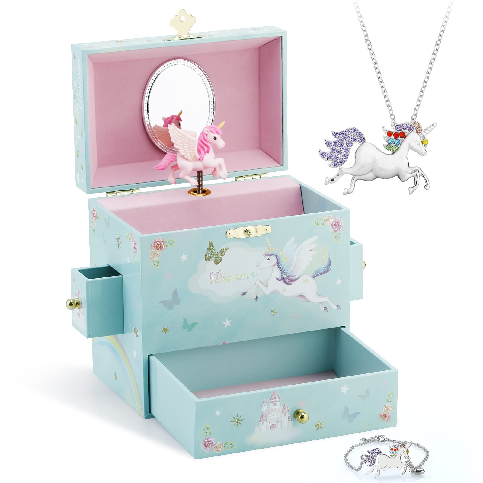 Musical Jewelry Box for Girls with 3 Drawers & Jewelry Set - Spinning Unicorn & Rainbow Butterfly Design - Plays Blue Danube Tune | Perfect for Birthday Gifts, Room Decor & Jewelry Storage