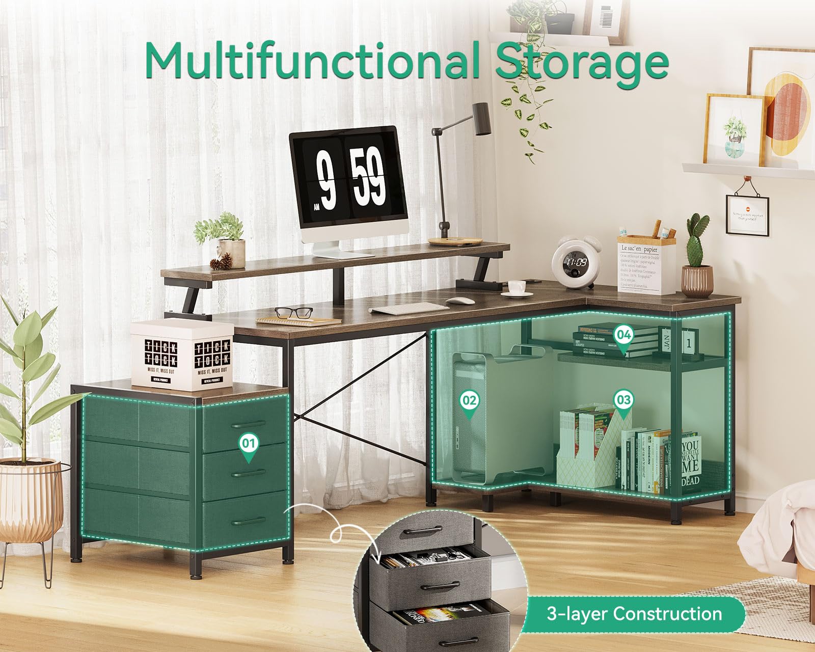 AODK L-Shaped Office Desk with Fabric Drawers - 66
