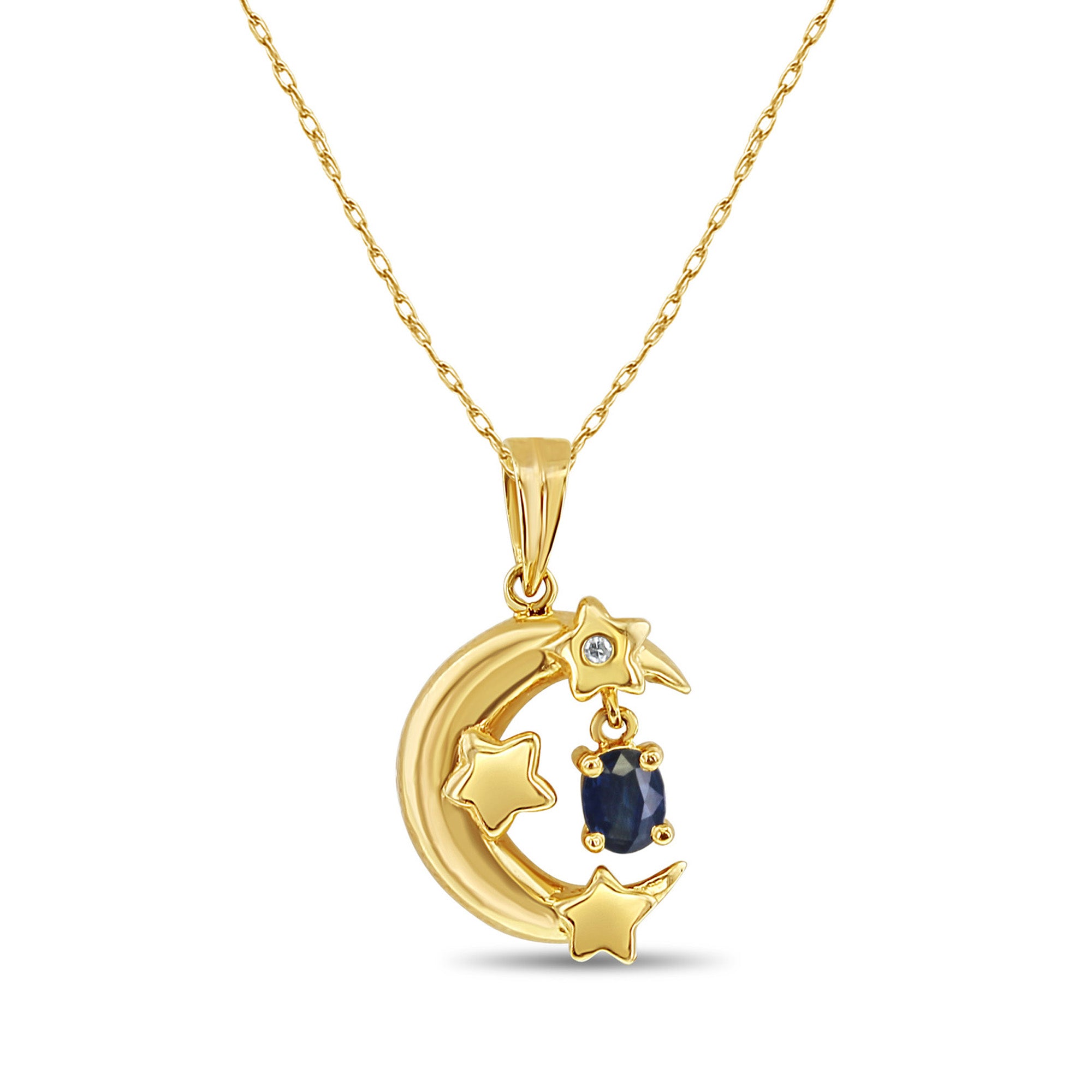 14K Yellow Gold Crescent Moon & Star Pendant with Genuine Sapphire Gemstone - Elegant Necklace for Women, Perfect for Birthday Gifts, Anniversaries & Special Occasions