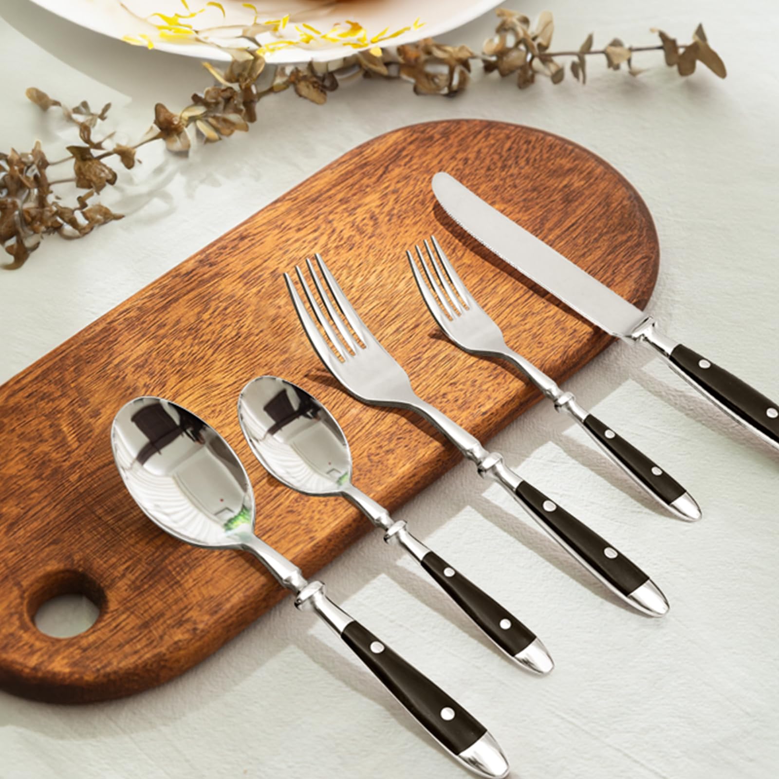 20-Piece Silverware Set for 4 - Stainless Steel Flatware with Black Handles - Retro Mirror Finish Forks, Spoons & Knives - Dishwasher Safe Cutlery for Home, Restaurant & Dinner Parties