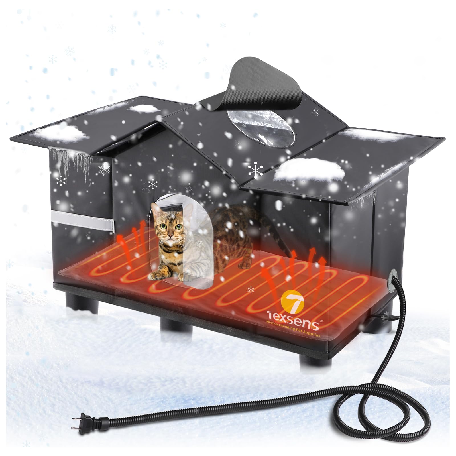 Texsens Heated Cat House for Outdoor Stray & Feral Cats - Weatherproof Large Insulated Shelter with Roof Window, Elevated Design & Cozy Cushion - Waterproof Winter Cat House for Barn, Porch & Backyard Use
