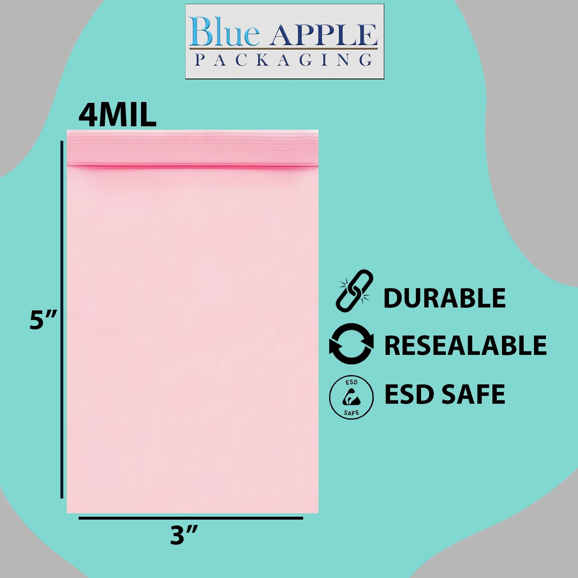 Pink Anti-Static Resealable Plastic Zip Bags 3x5 Inches - 100 Pack 4 Mil Heavy Duty Zipper Storage Bags | Reusable Food Safe Packaging for Jewelry, Crafts, Electronics & Small Business Supplies | Airtight Seal for Organization & Protection