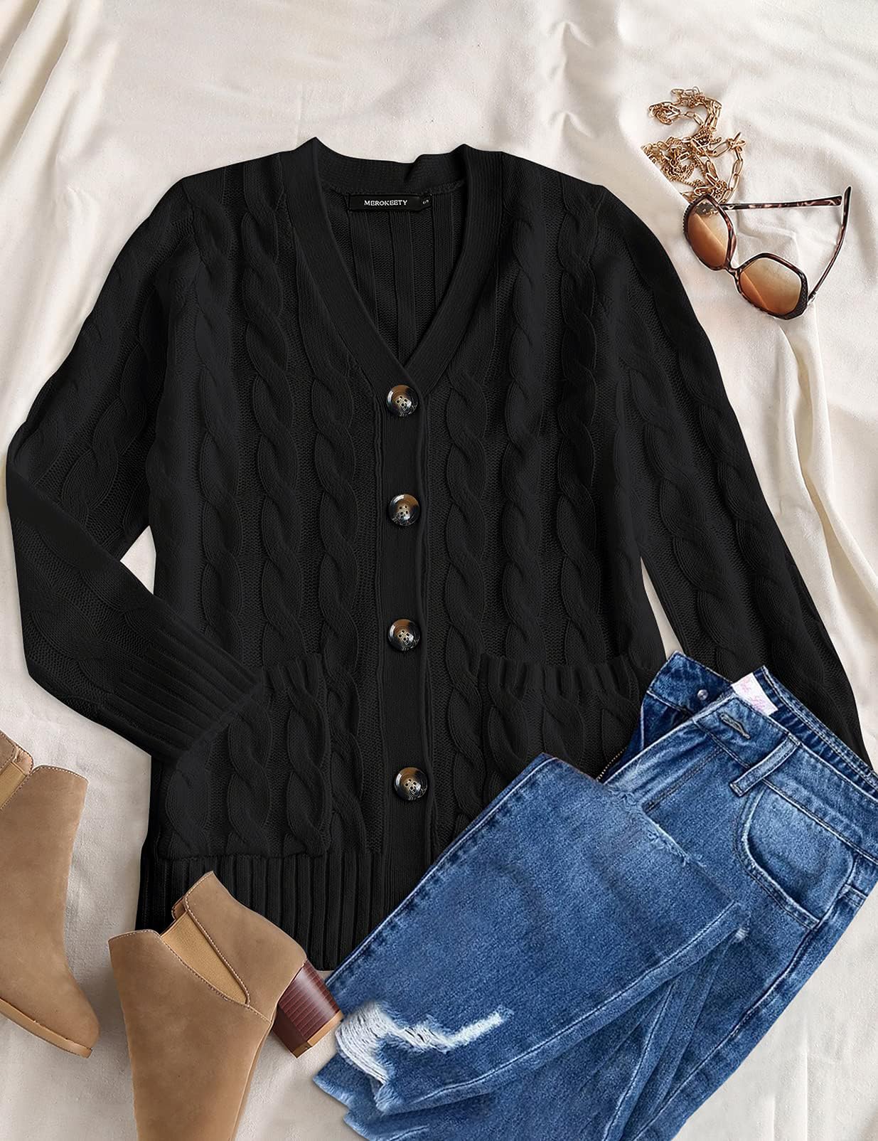 MEROKEETY Women's 2025 Fall Long Sleeve Cable Knit Sweater Cardigan - Open Front Button Loose Fit Outerwear for Work, Date & Casual Outfits
