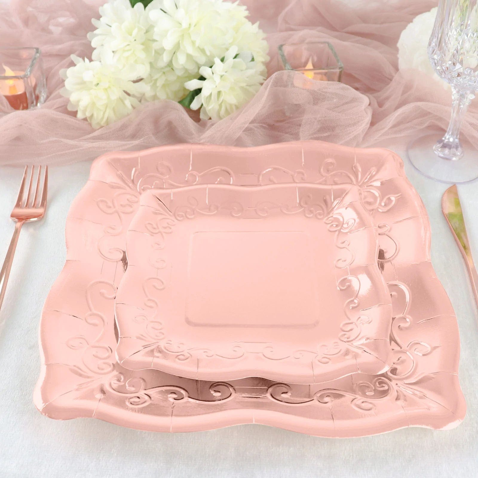 25 Pack Square Disposable Dessert Plates with Elegant Scroll Design - Perfect for Parties, Weddings, and Dinner Events