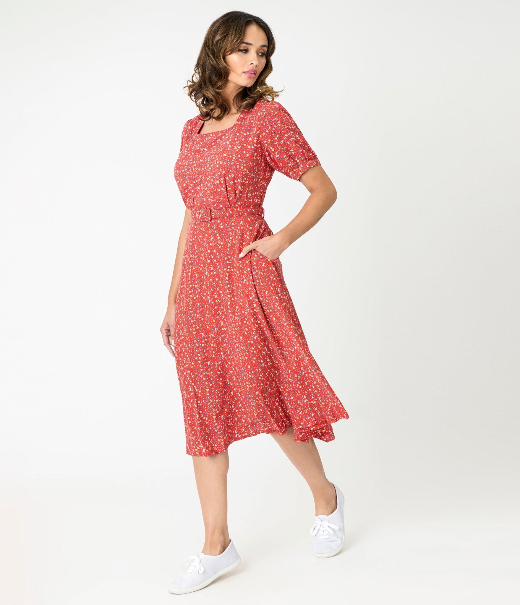 Royal Monk Red Summer Floral Eva Bloom Midi Dress - Women's Elegant Flowy Dress for Beach Vacation, Garden Party & Date Night