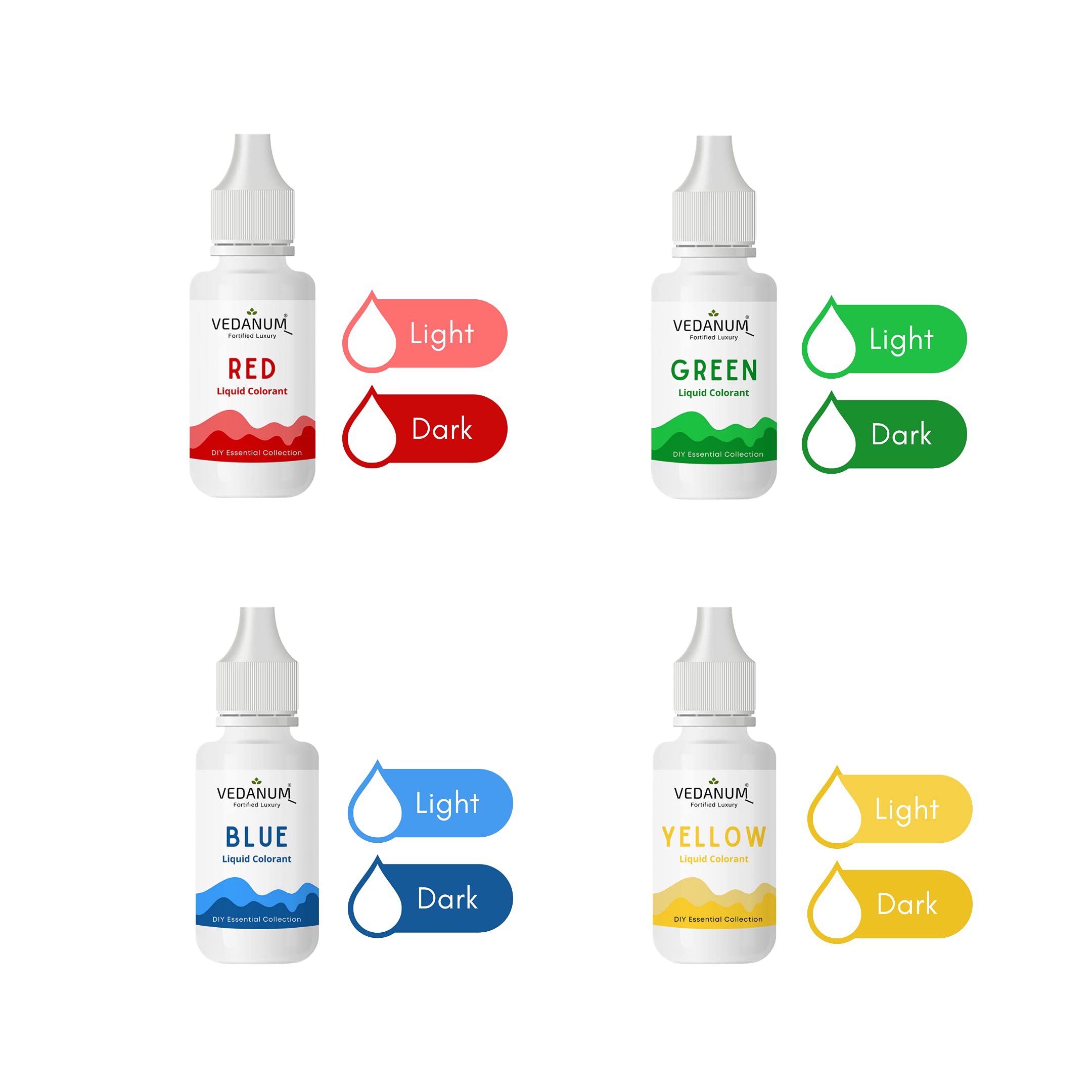VEDANUM DIY Soap Making Liquid Colors - 4 Pack (Red, Green, Blue, Yellow) for Bath Bombs & Cosmetics